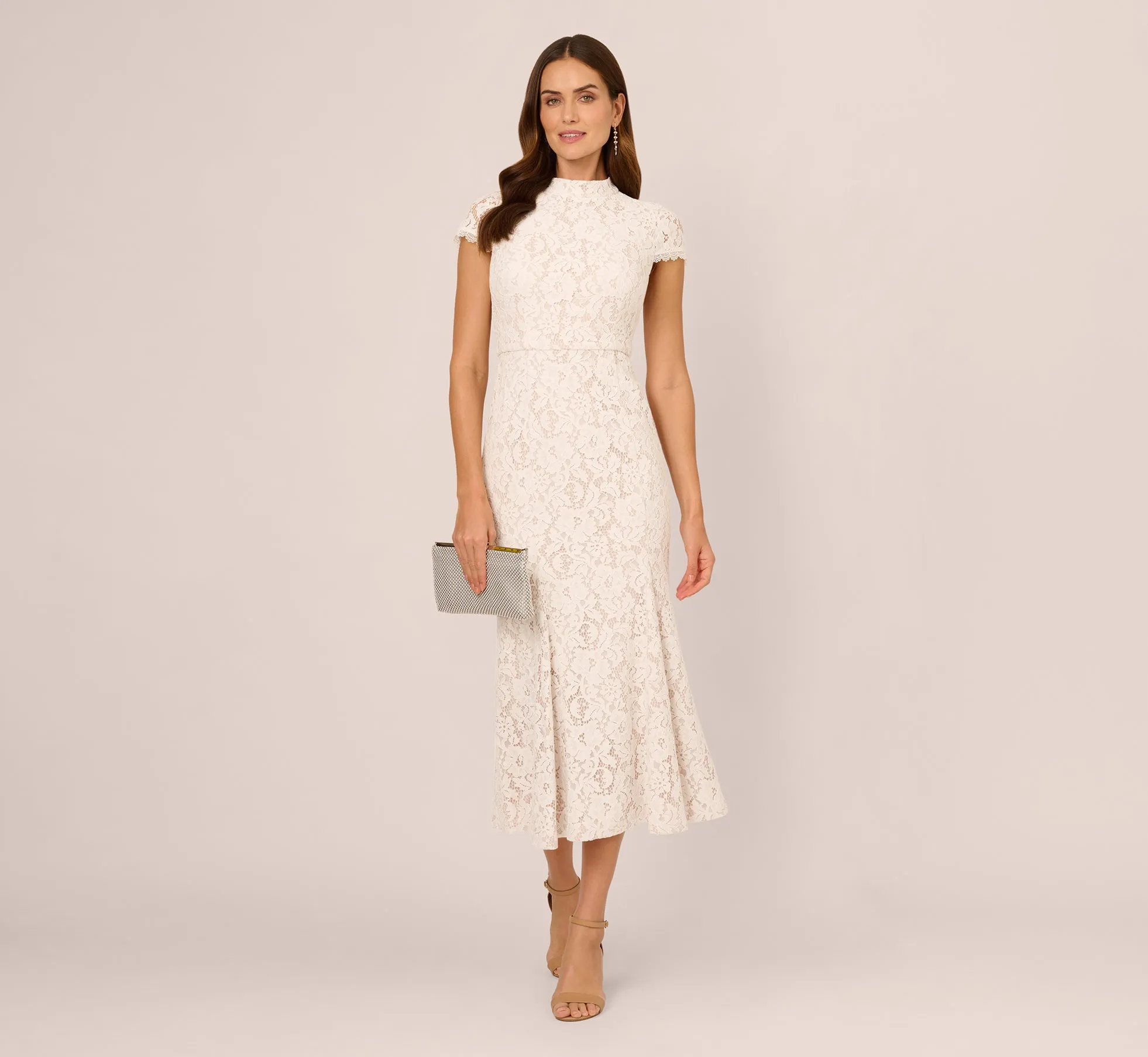 Cap Sleeve Lace Midi Dress In Ivory Nude