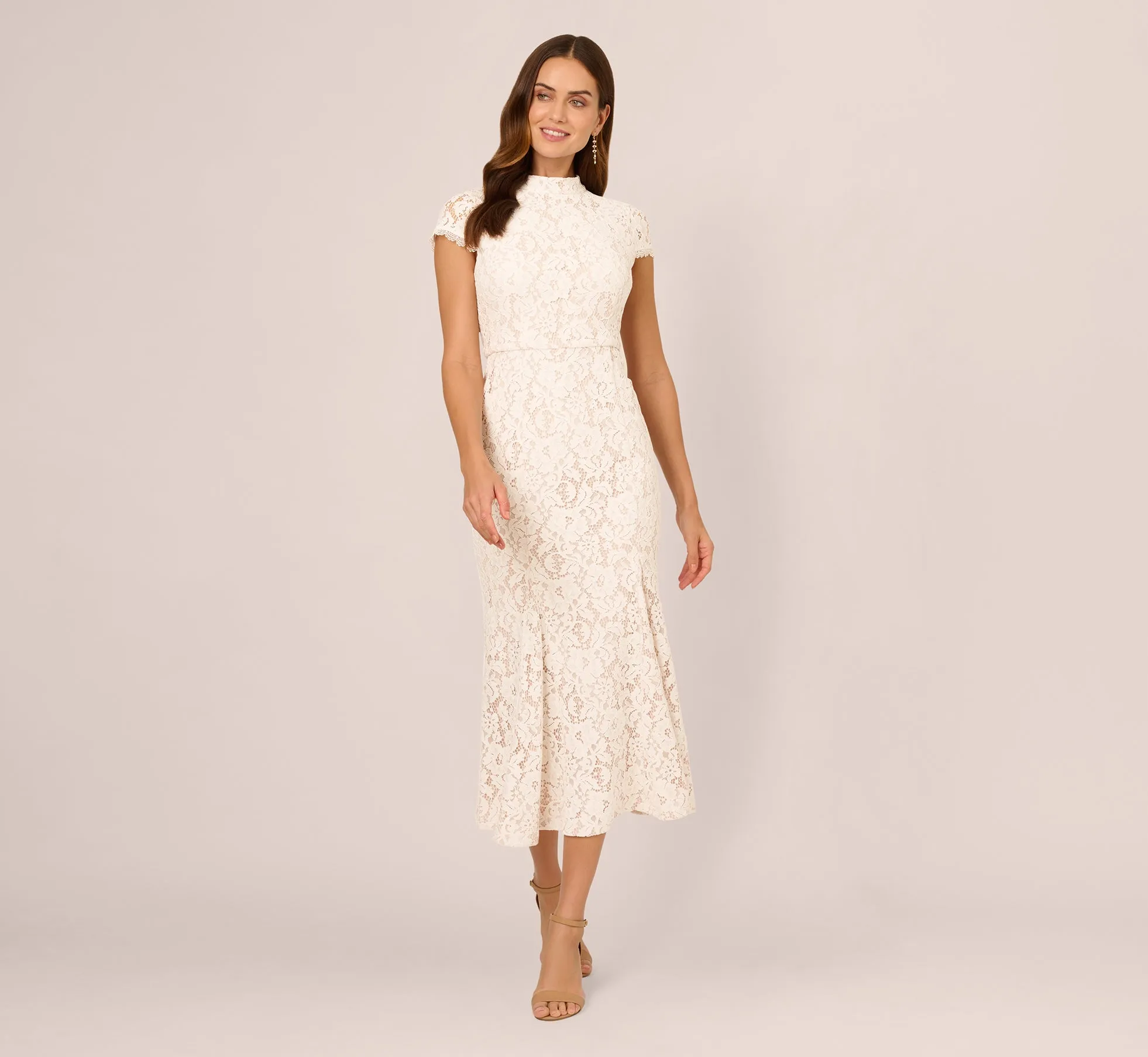 Cap Sleeve Lace Midi Dress In Ivory Nude