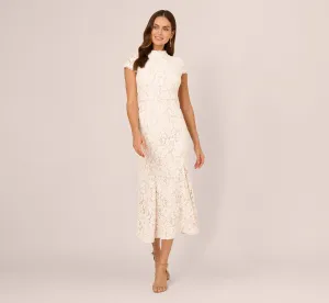 Cap Sleeve Lace Midi Dress In Ivory Nude