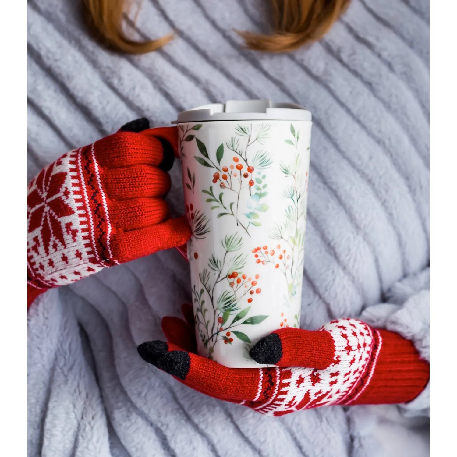 Ceramic Travel Cup, 17 OZ. ,w/ Glove Gift Set, Christmas Heritage,p32817728