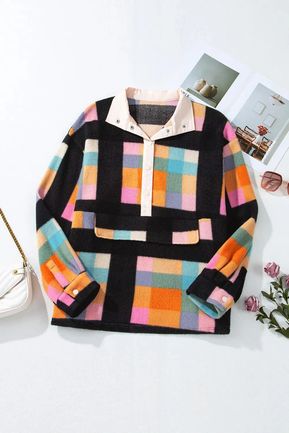 Color Block Half Snap Long Sleeve Sweatshirt