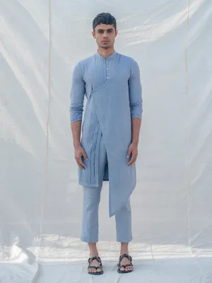 Cotton X Linen Light Blue Overlapping & Pleated Kurta
