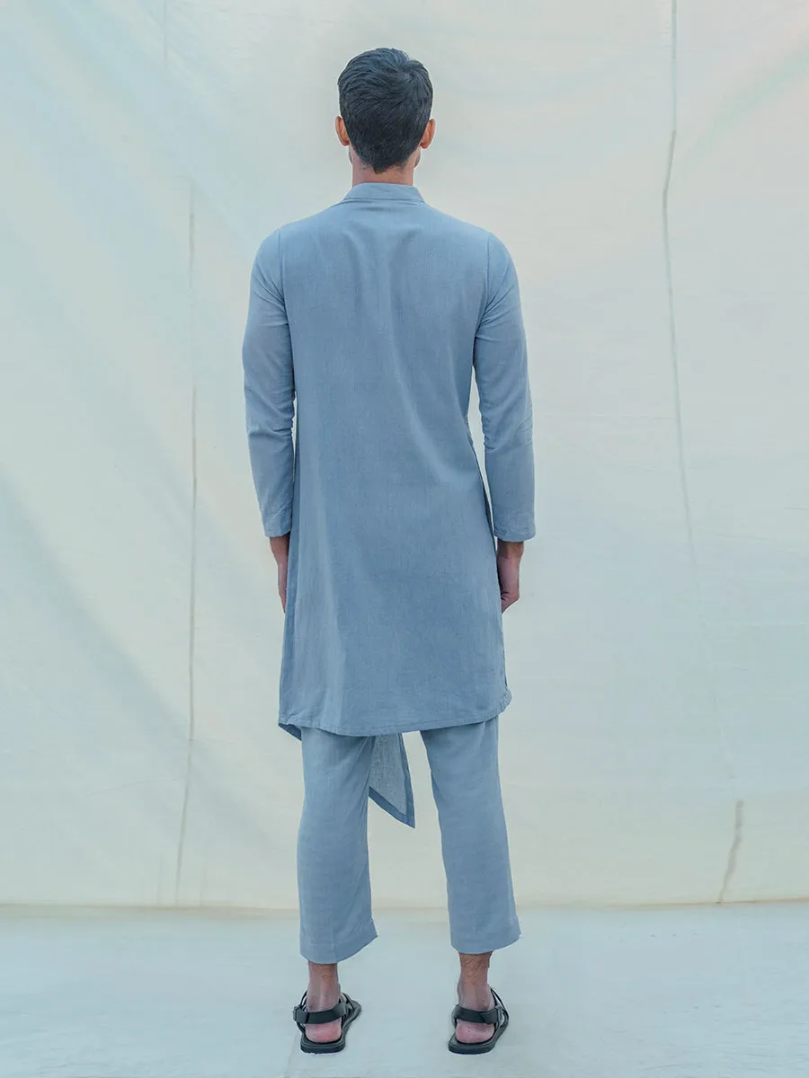 Cotton X Linen Light Blue Overlapping & Pleated Kurta