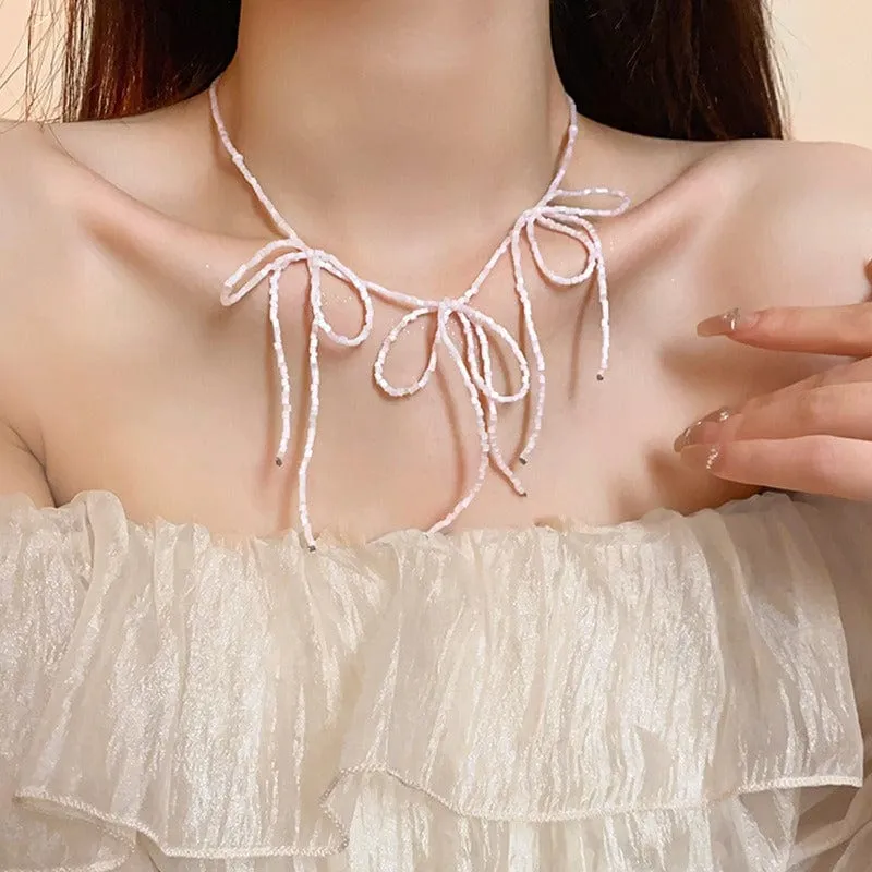 Dainty Colorful Seed Beaded Ribbon Choker Necklace