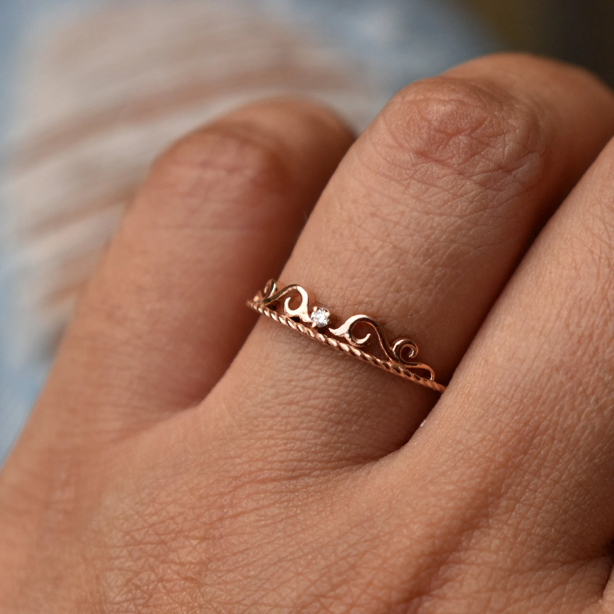 Dainty Crown Filigree Diamond Band Ring