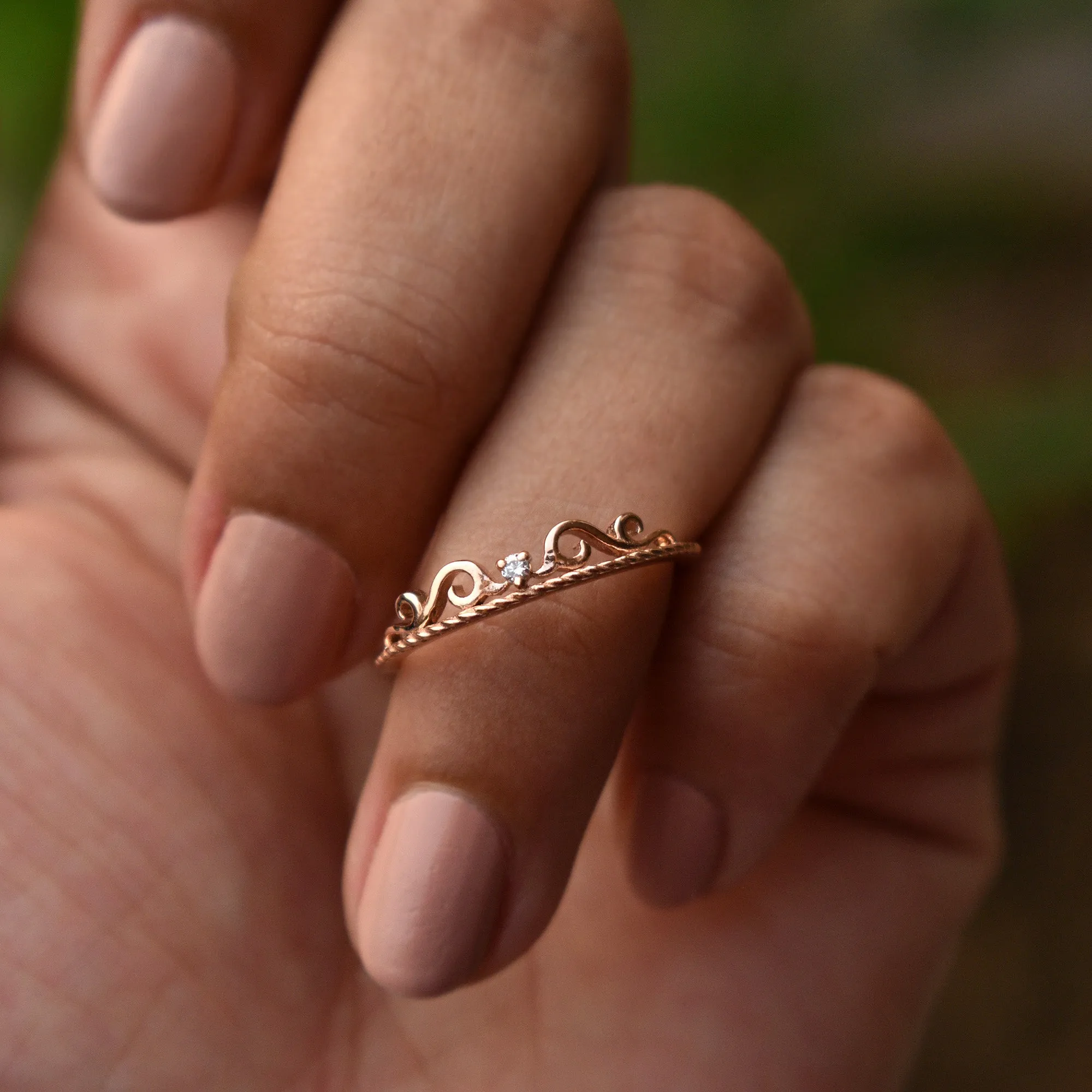 Dainty Crown Filigree Diamond Band Ring
