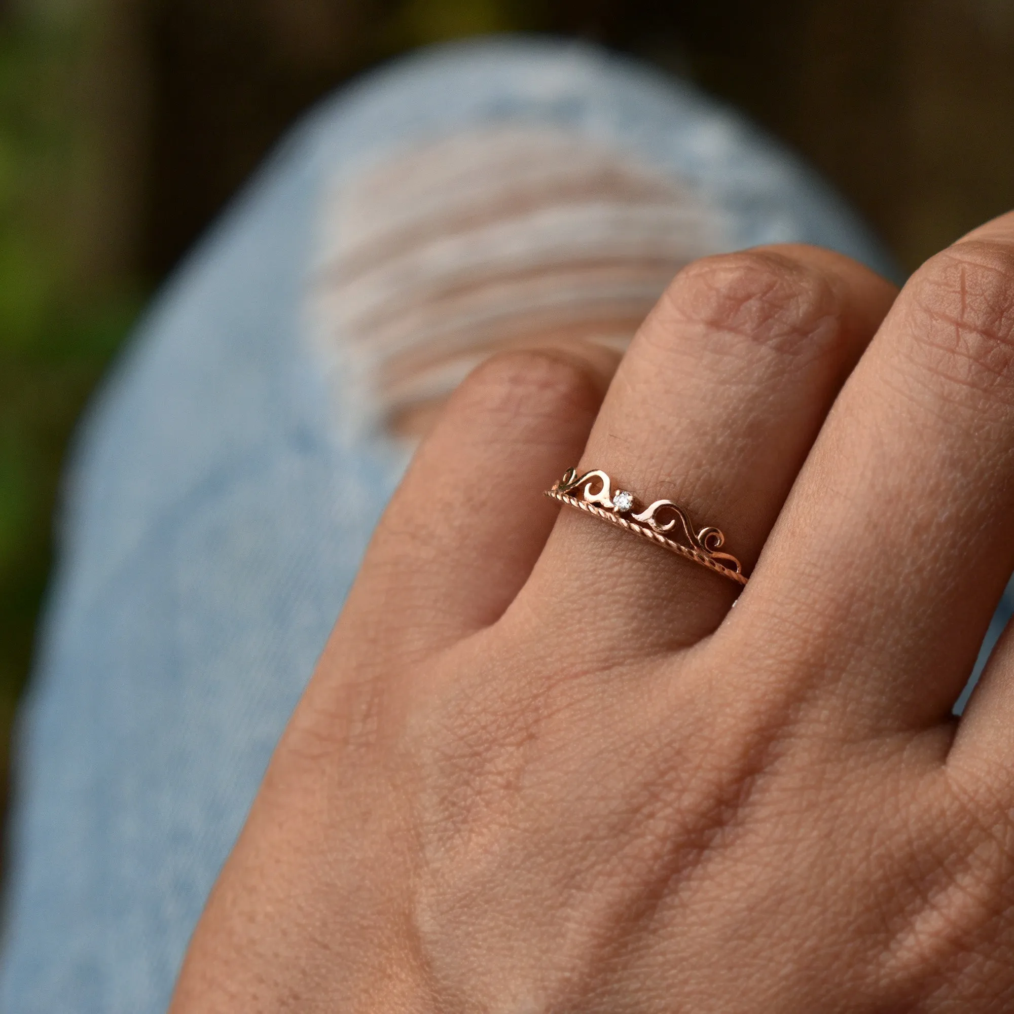 Dainty Crown Filigree Diamond Band Ring