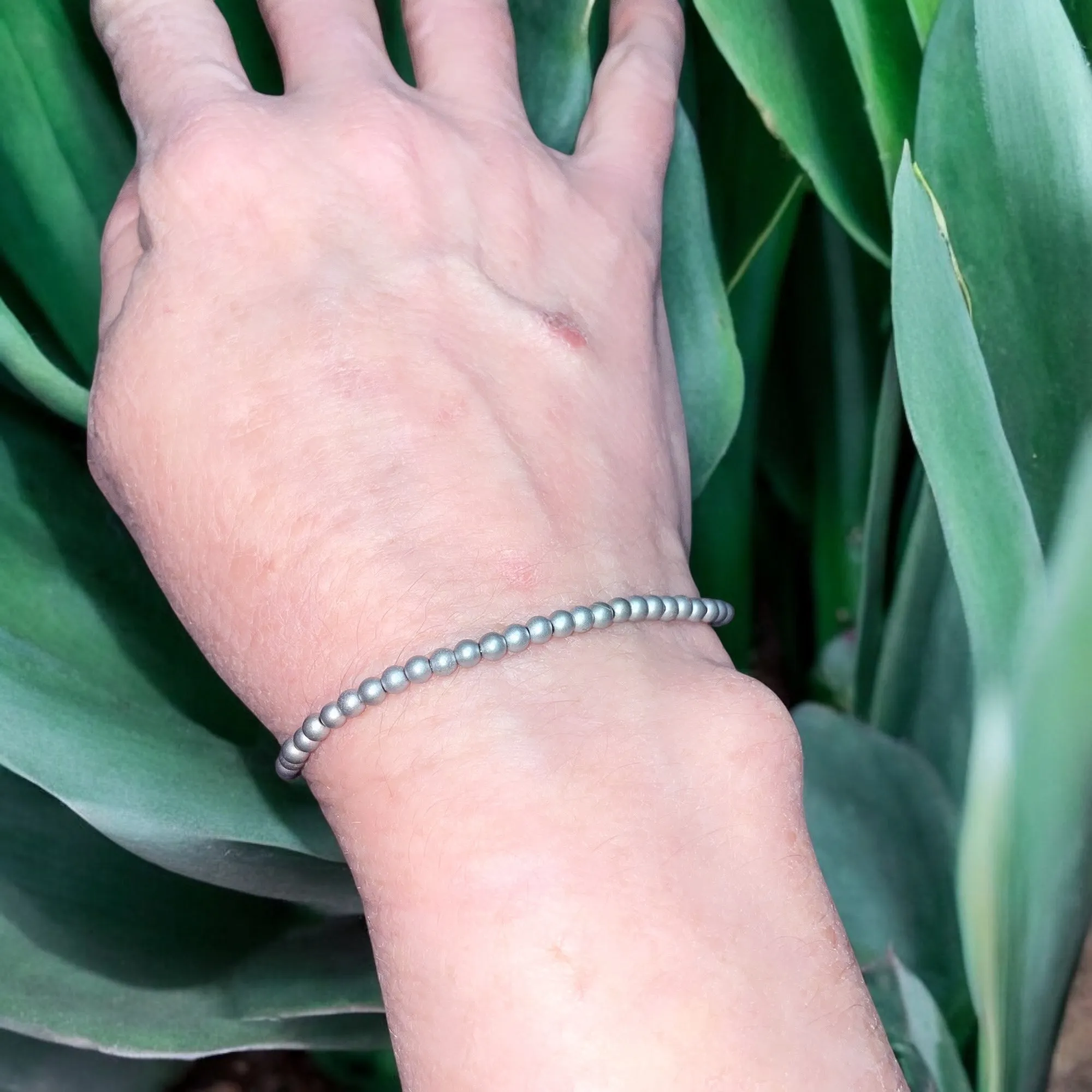 Dainty Silver Hematite Beaded Stretch Bracelet