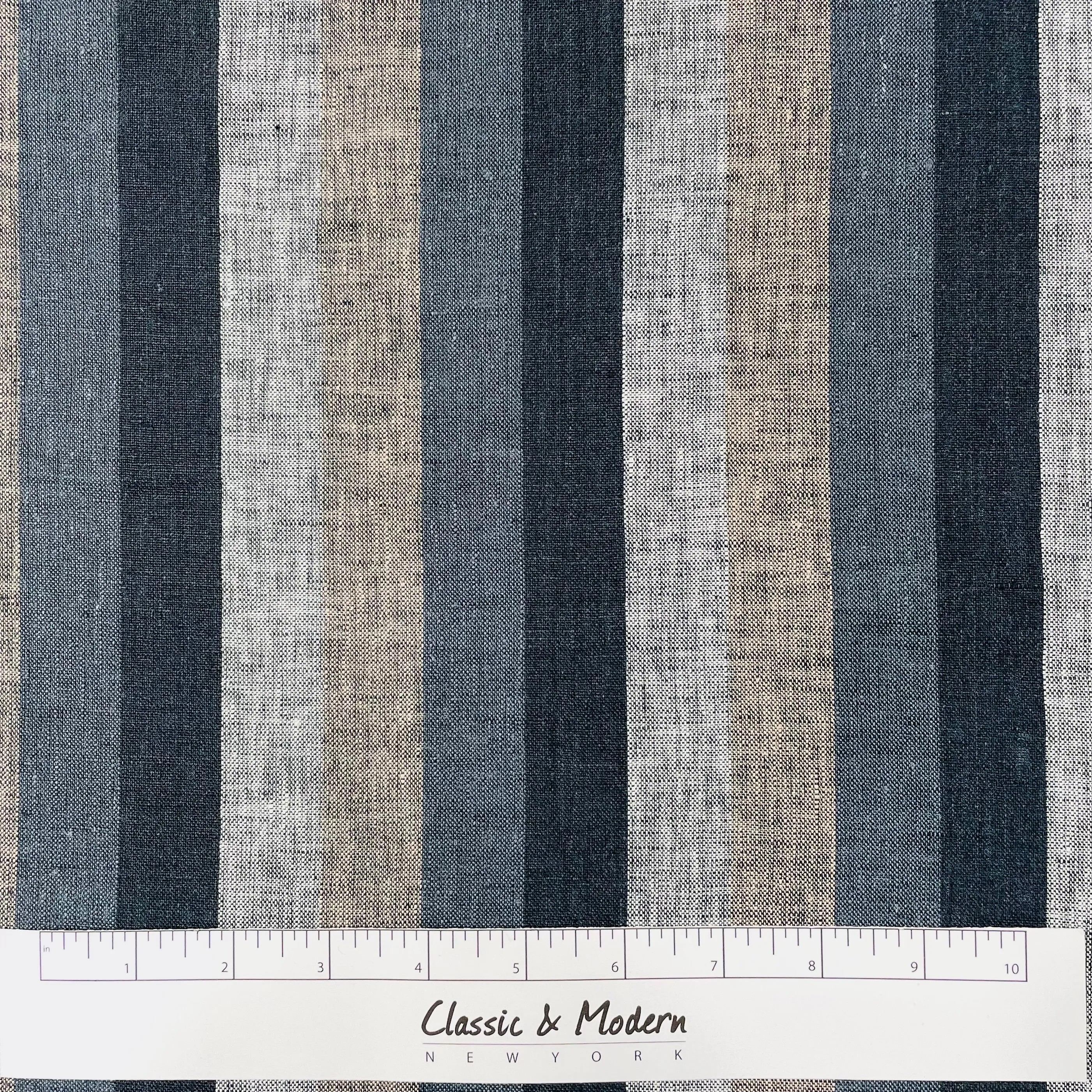 Dark Striped Multi Colors 100% Natural Linen Fabric By The Yard/CL1042