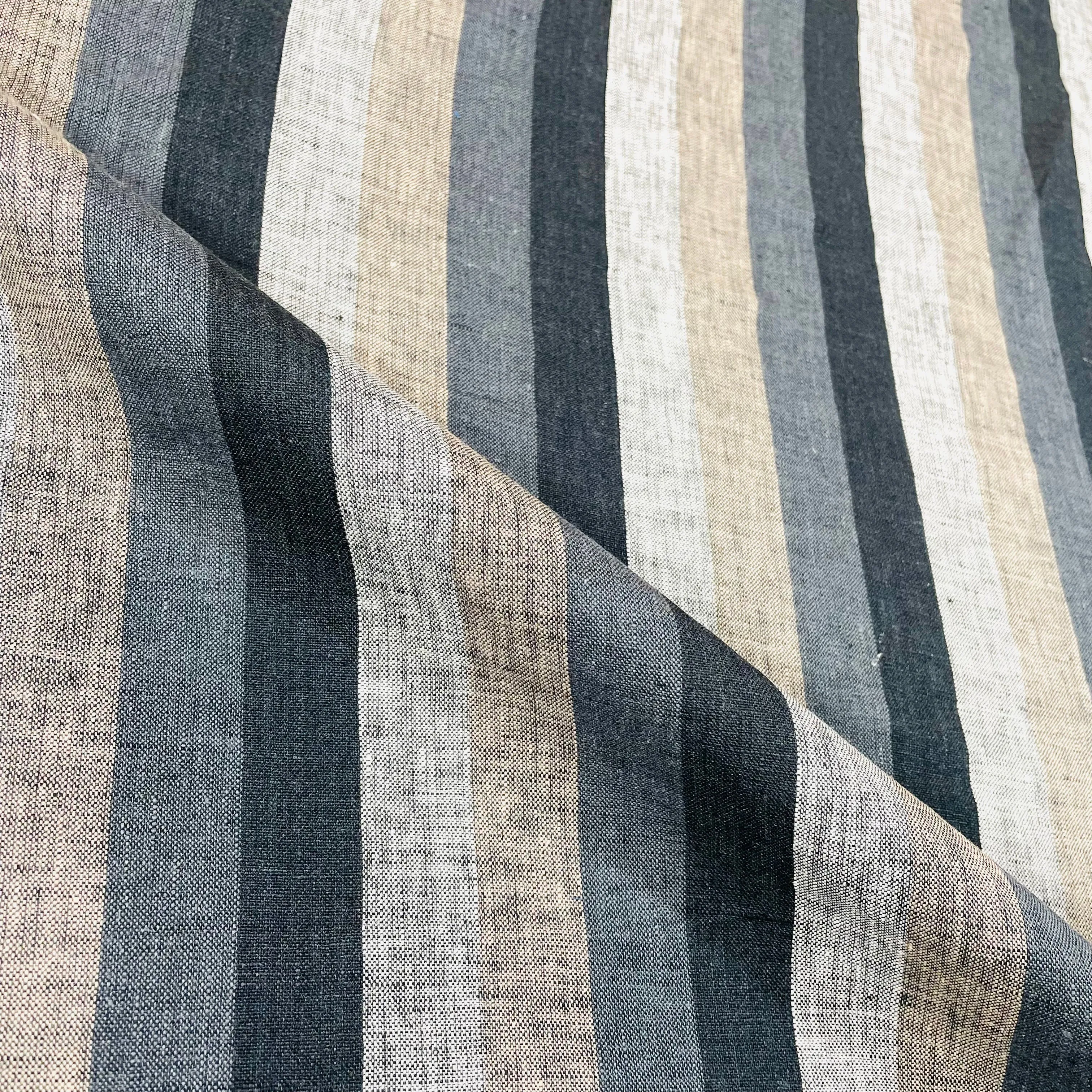 Dark Striped Multi Colors 100% Natural Linen Fabric By The Yard/CL1042