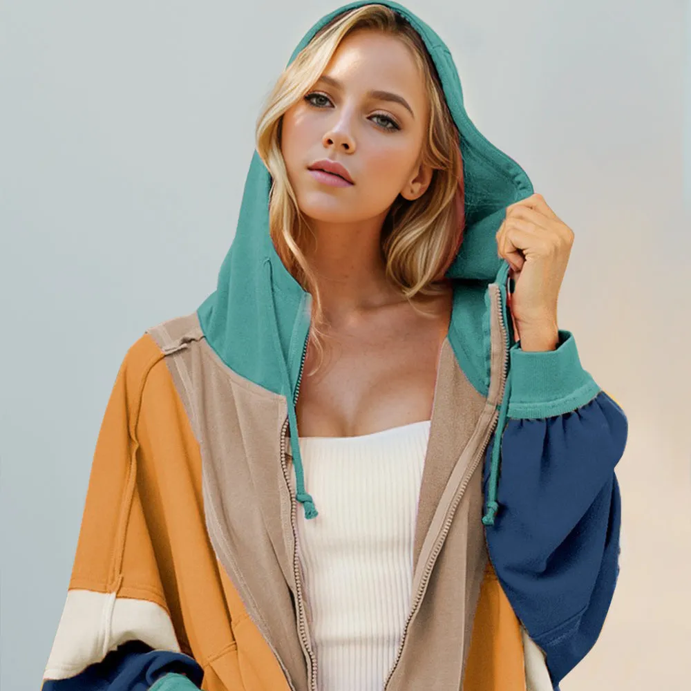 Double Take Full Size Color Block Zip Up Hoodie