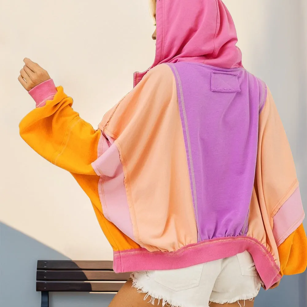 Double Take Full Size Color Block Zip Up Hoodie