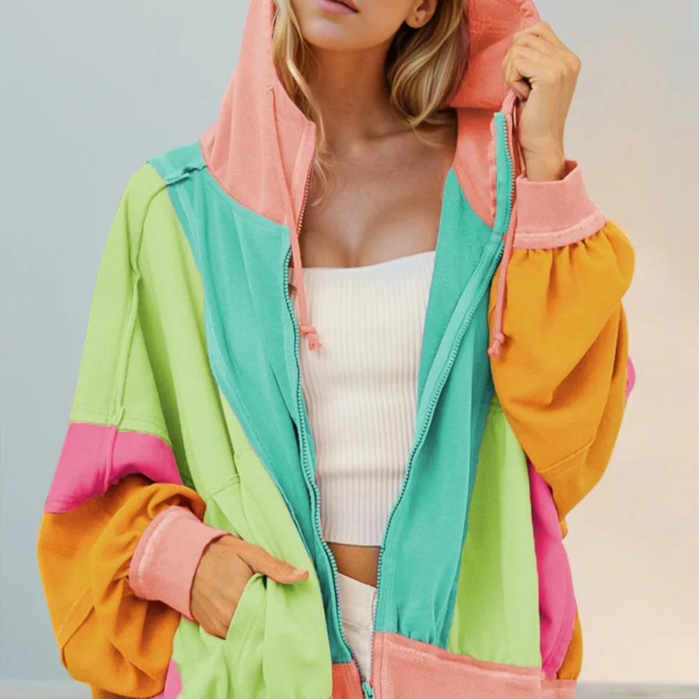 Double Take Full Size Color Block Zip Up Hoodie