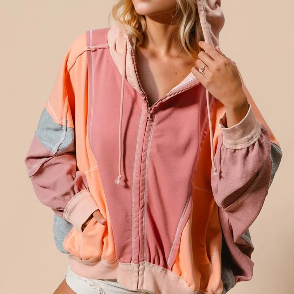 Double Take Full Size Color Block Zip Up Hoodie
