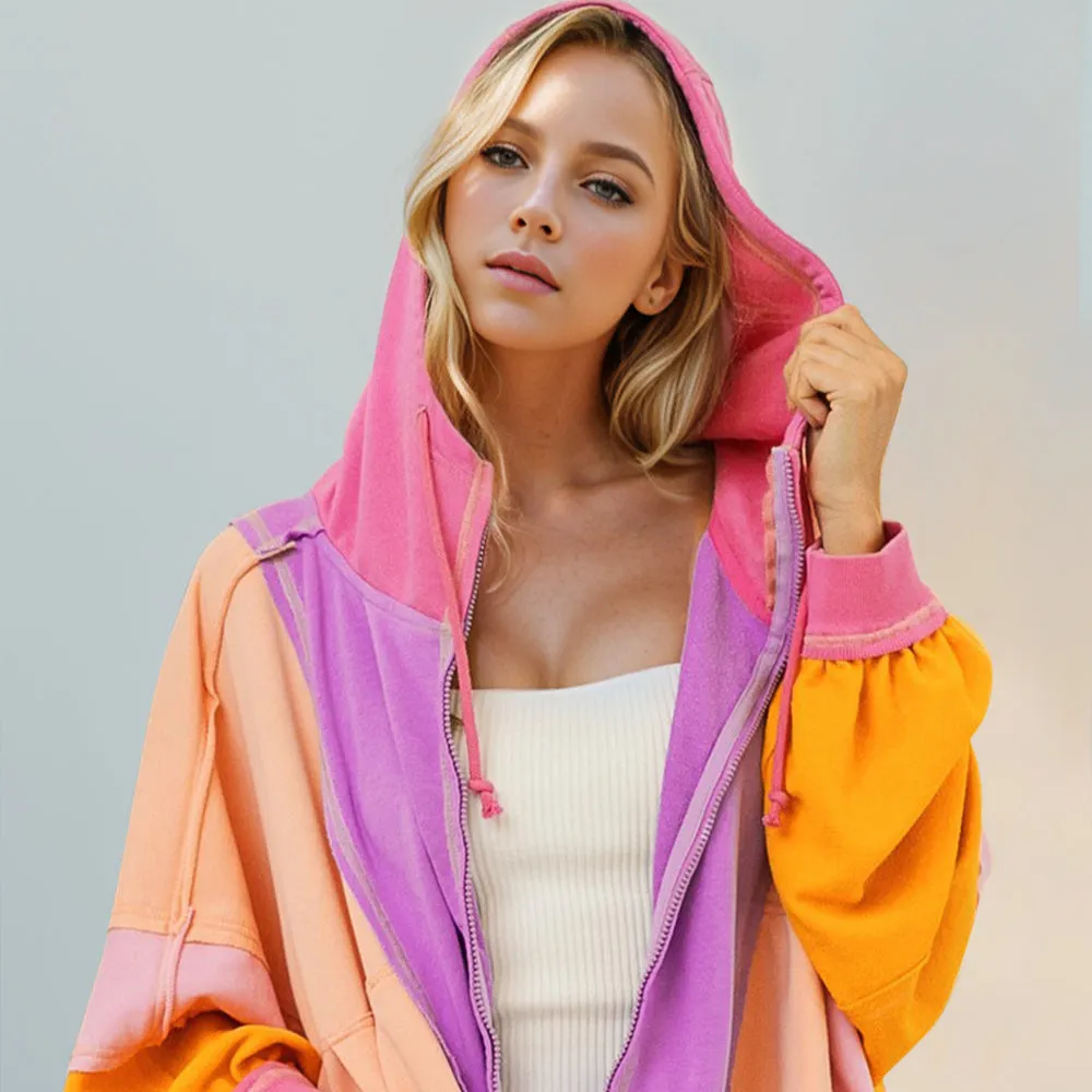 Double Take Full Size Color Block Zip Up Hoodie