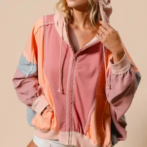 Double Take Full Size Color Block Zip Up Hoodie