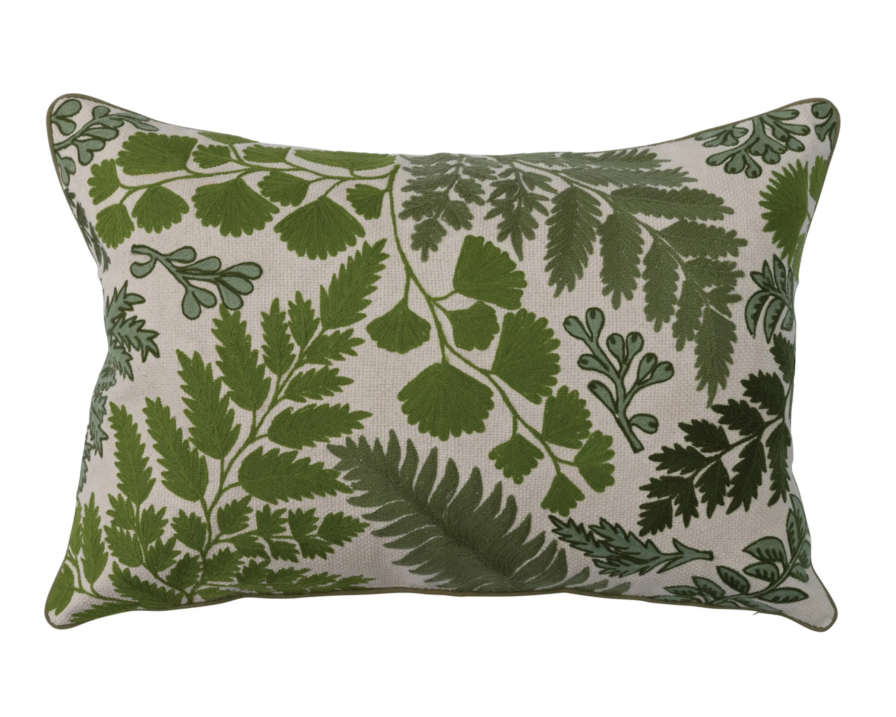 Embroidered lumbar pillow with green botanicals