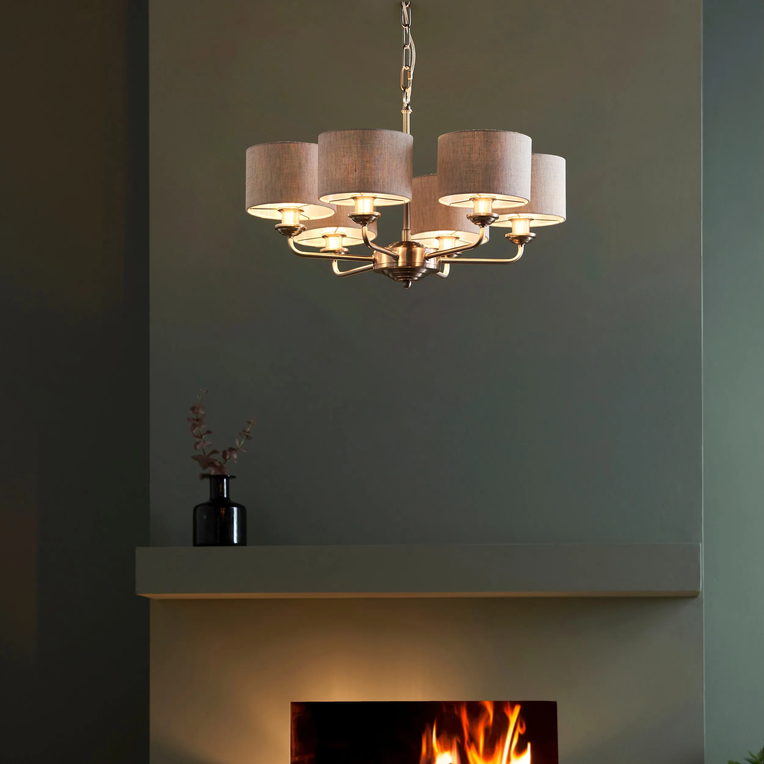 Endon 99151 Highclere 6lt Pendant Brushed chrome plate & natural linen 6 x 28W E14 Eco golf (Required)