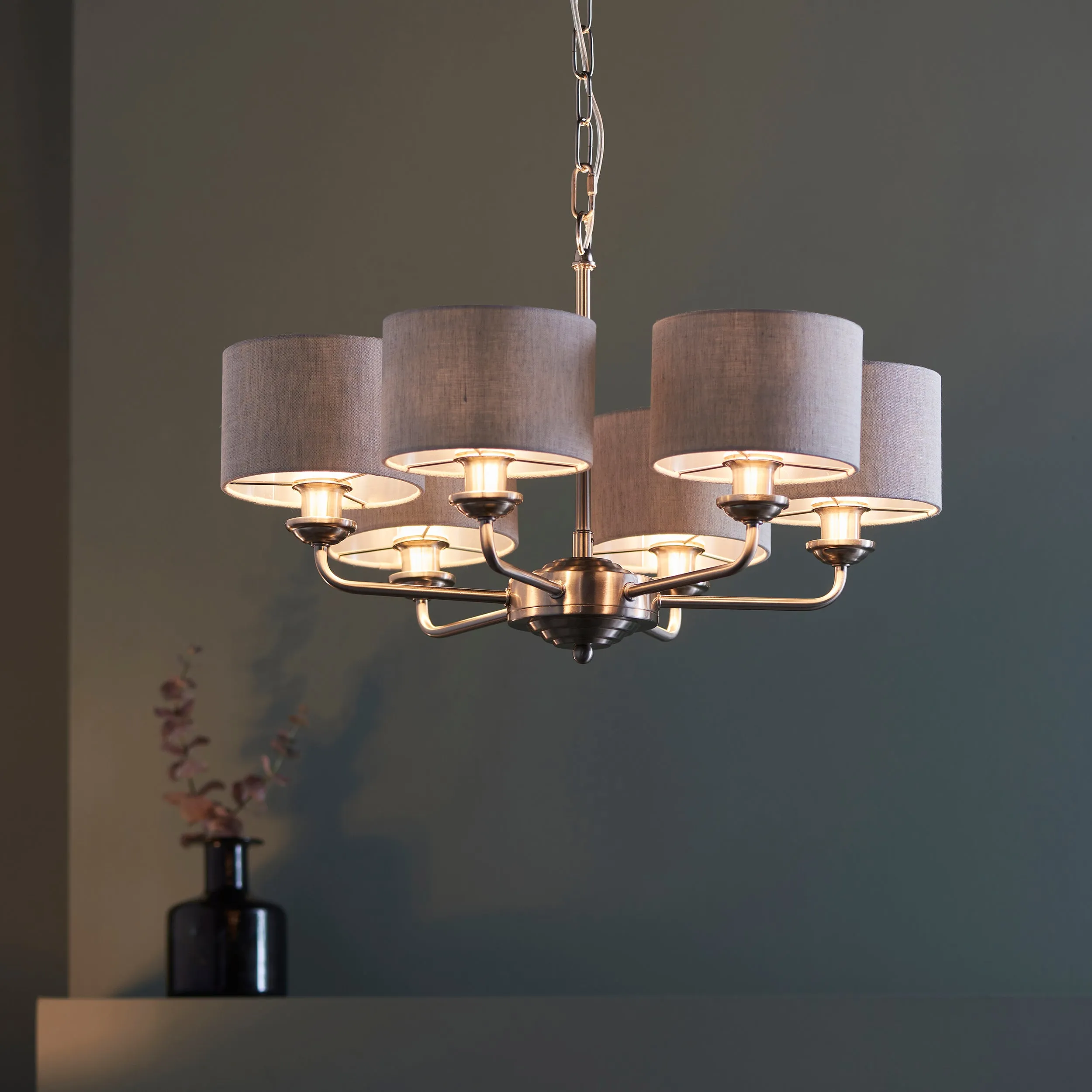 Endon 99151 Highclere 6lt Pendant Brushed chrome plate & natural linen 6 x 28W E14 Eco golf (Required)