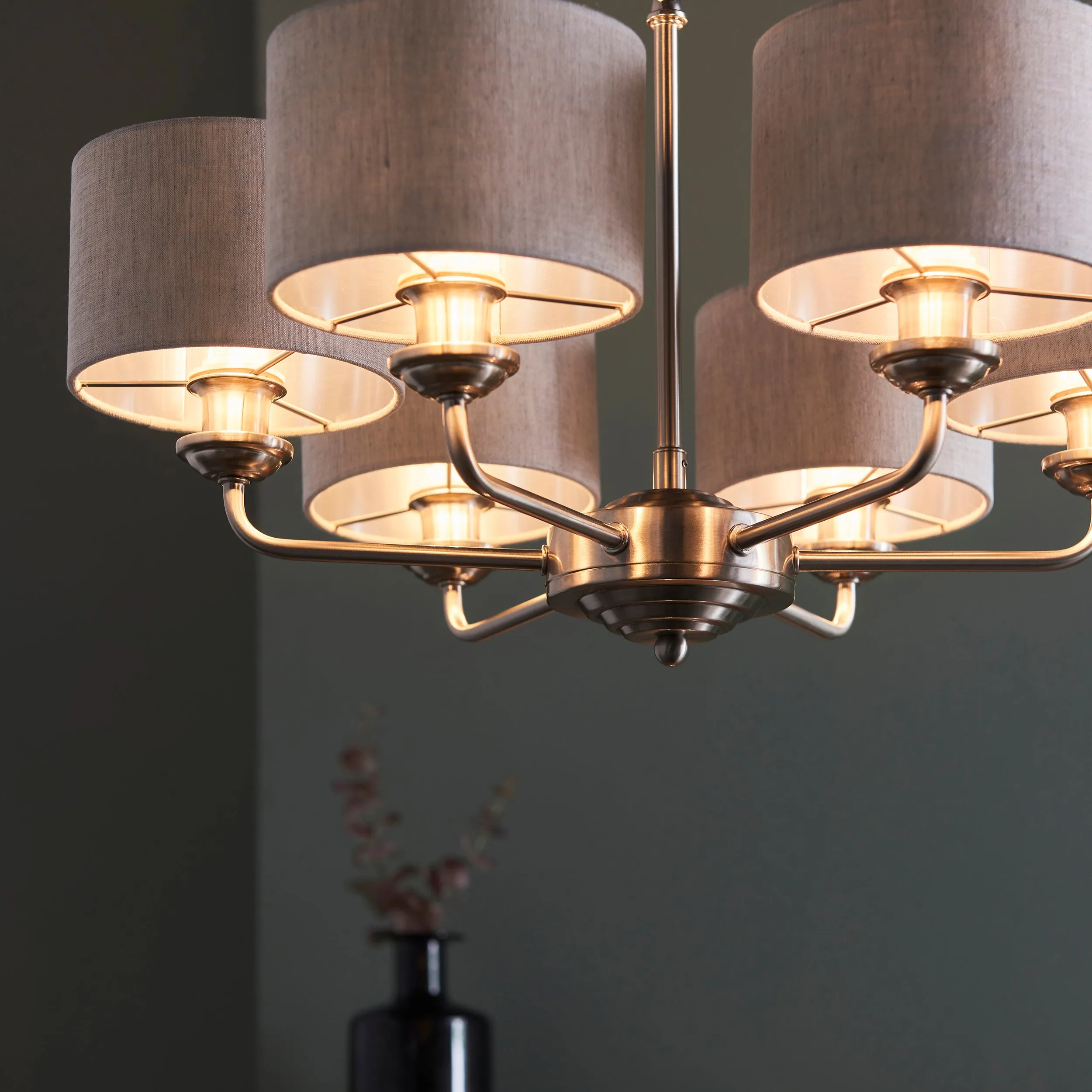 Endon 99151 Highclere 6lt Pendant Brushed chrome plate & natural linen 6 x 28W E14 Eco golf (Required)
