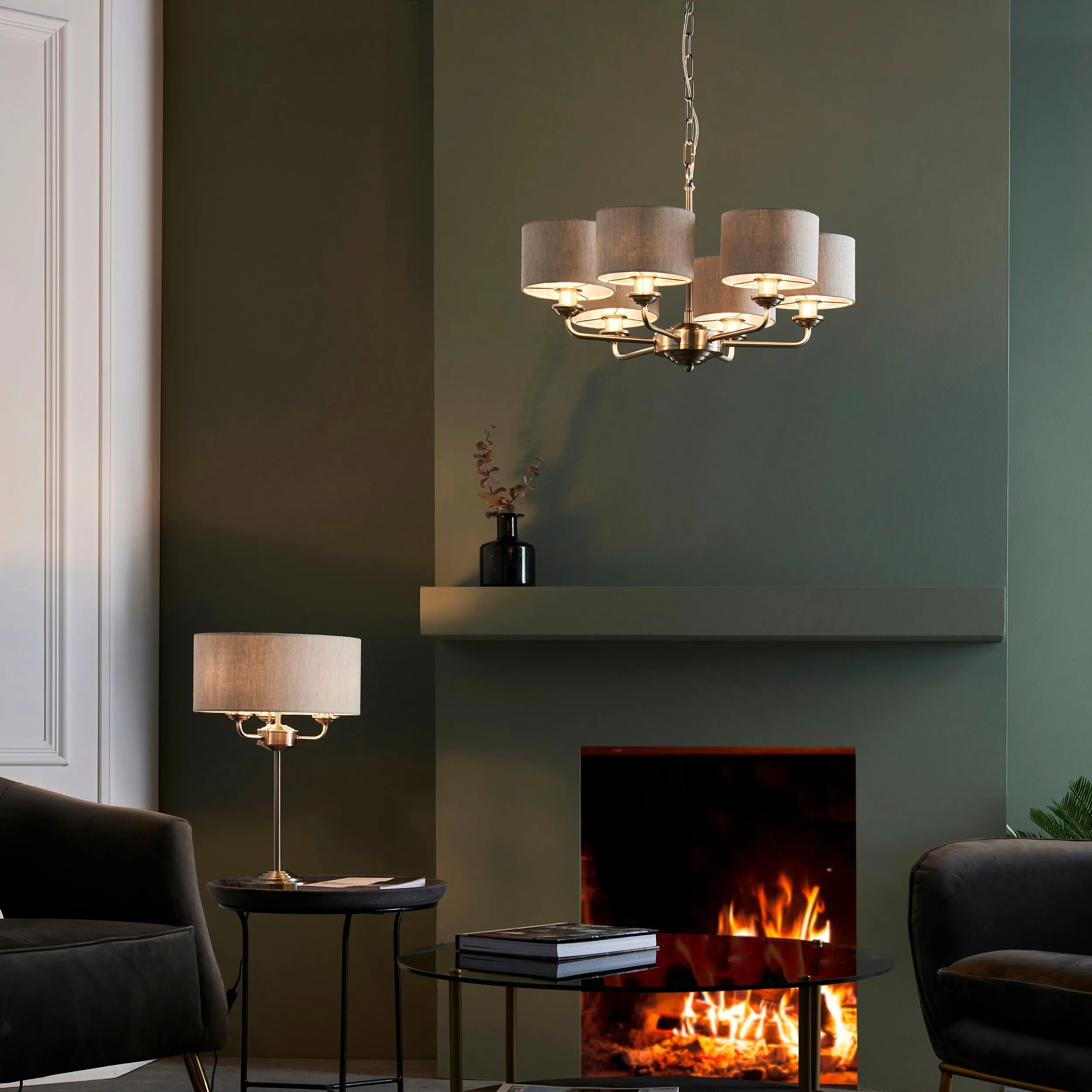 Endon 99151 Highclere 6lt Pendant Brushed chrome plate & natural linen 6 x 28W E14 Eco golf (Required)