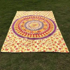 Ethnic Round Totem and Flower Print Long Scarf - Light Yellow