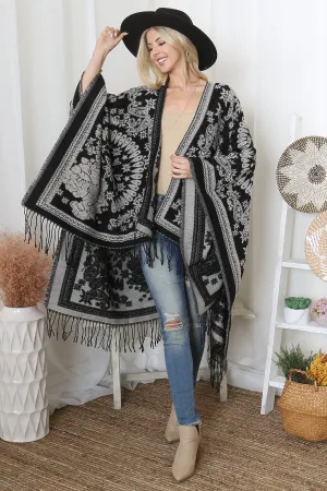FLOWER PAISLEY FRINGE WARMER OPEN FRONT KIMONO