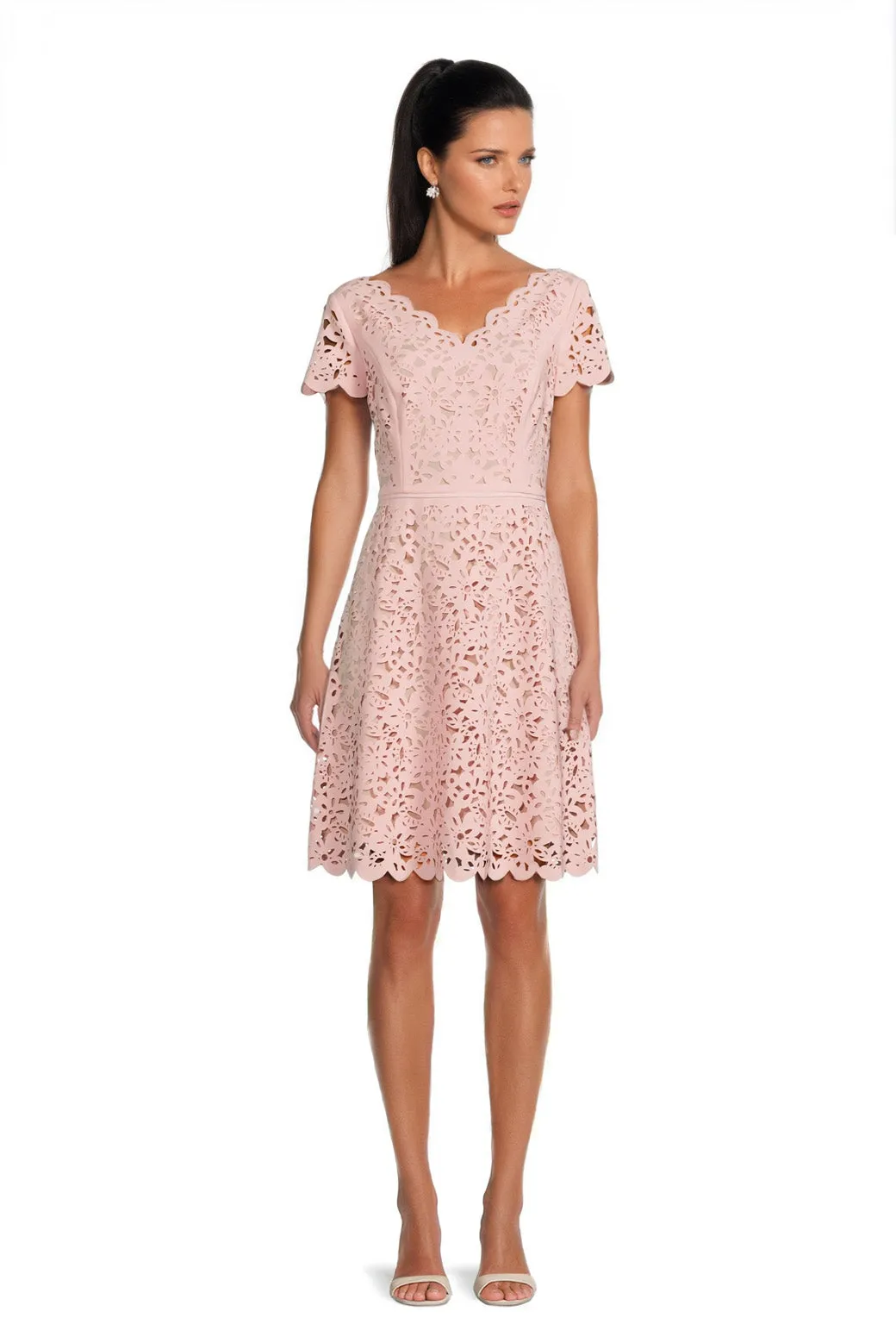 FOCUS by Shani — V-Neck Laser Cut Fit & Flare Dress in Pale Pink