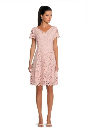 FOCUS by Shani — V-Neck Laser Cut Fit & Flare Dress in Pale Pink