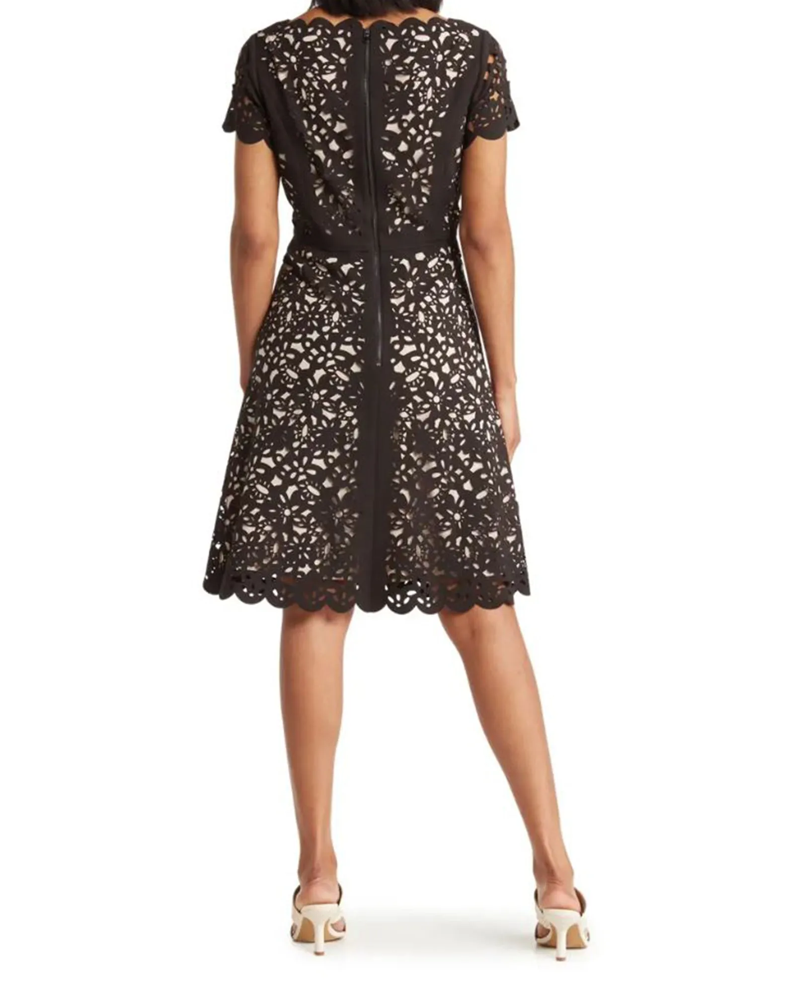 FOCUS by Shani — V-Neck Laser Cut Fit & Flare Dress in Turquoise