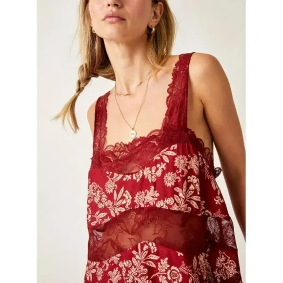 Free People All Nighter Trapeze Slip / Red Combo SMALL NWT