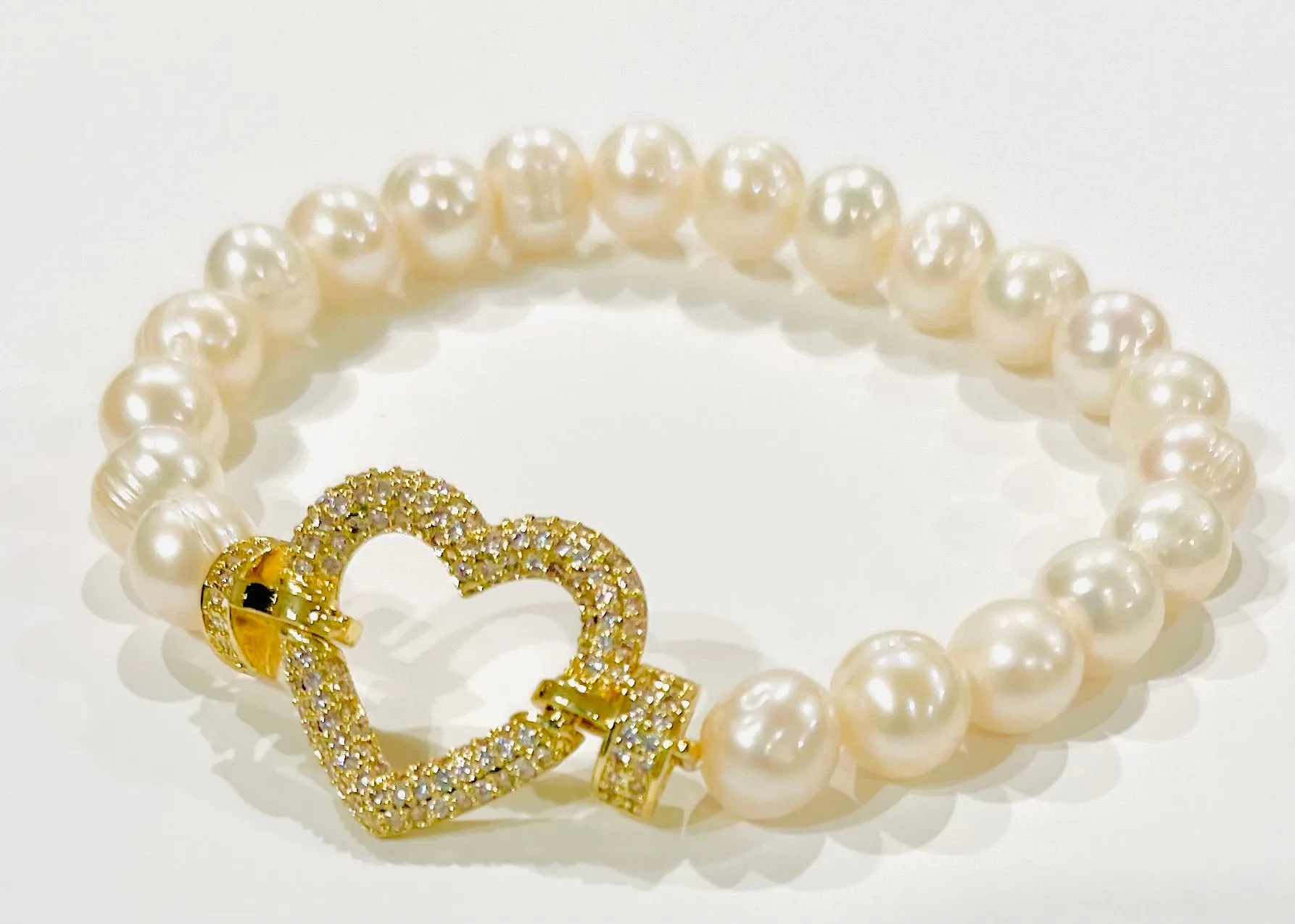 Freshwater Pearl Bracelet with Micro Pave Heart Center Accent
