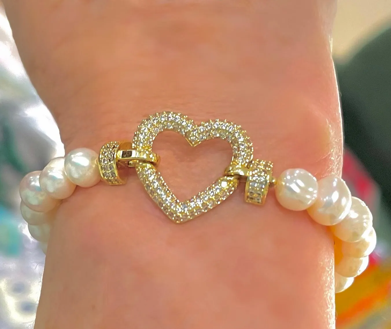 Freshwater Pearl Bracelet with Micro Pave Heart Center Accent