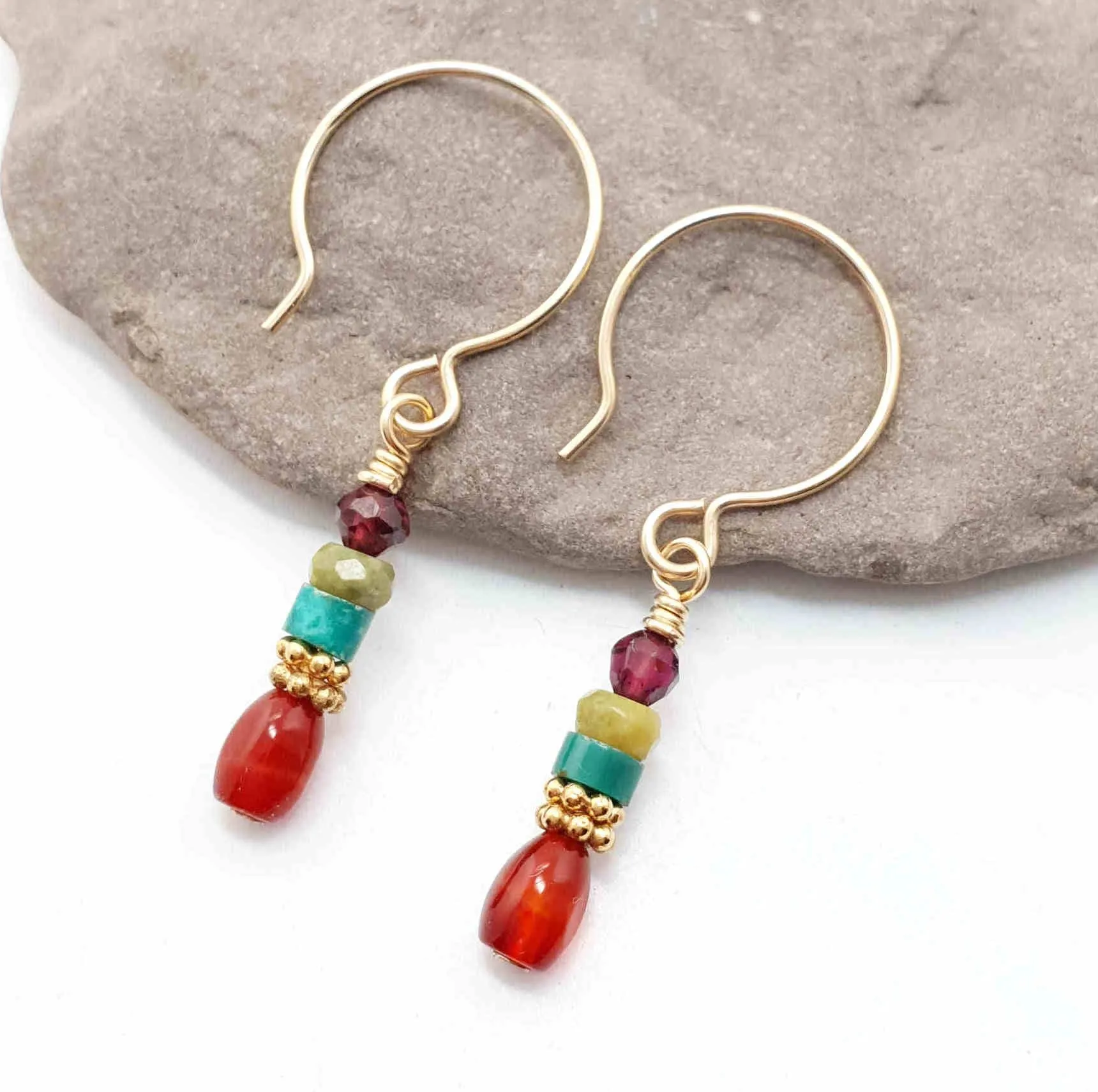 Garnet, Jade, Turquoise, and Carnelian Earrings