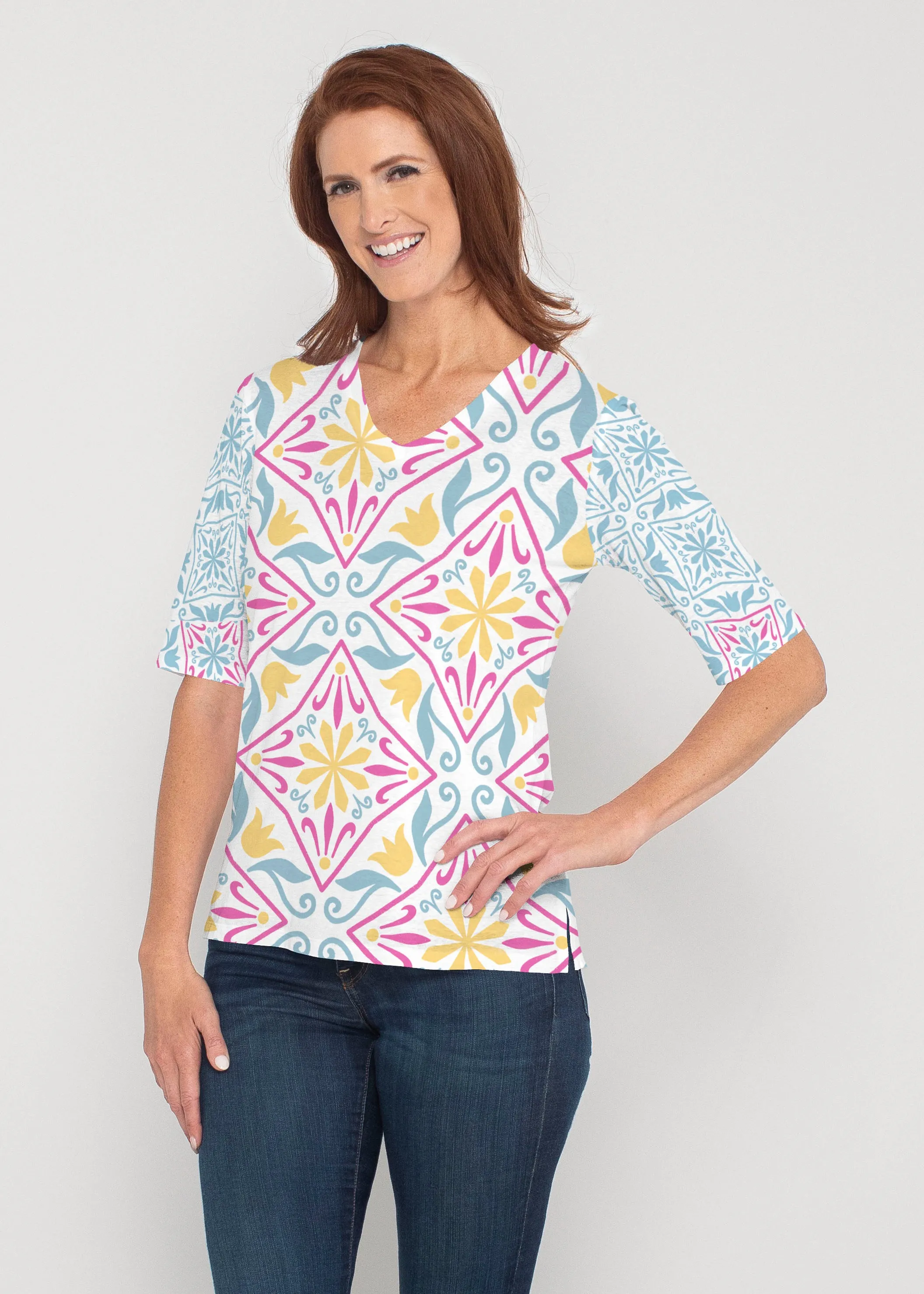 Geo tile Blue (8158) ~ Signature Elbow Sleeve V-Neck Top