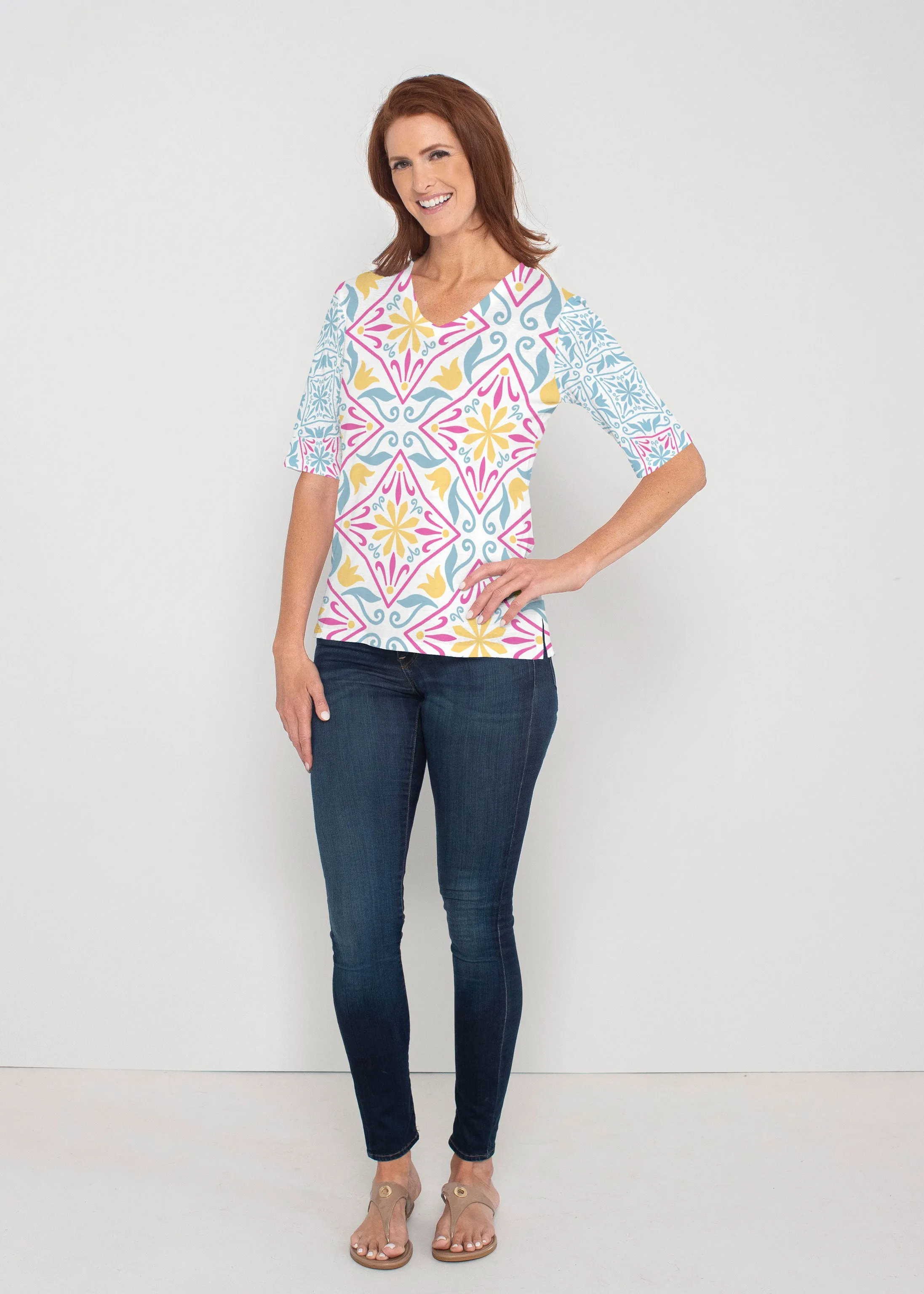 Geo tile Blue (8158) ~ Signature Elbow Sleeve V-Neck Top