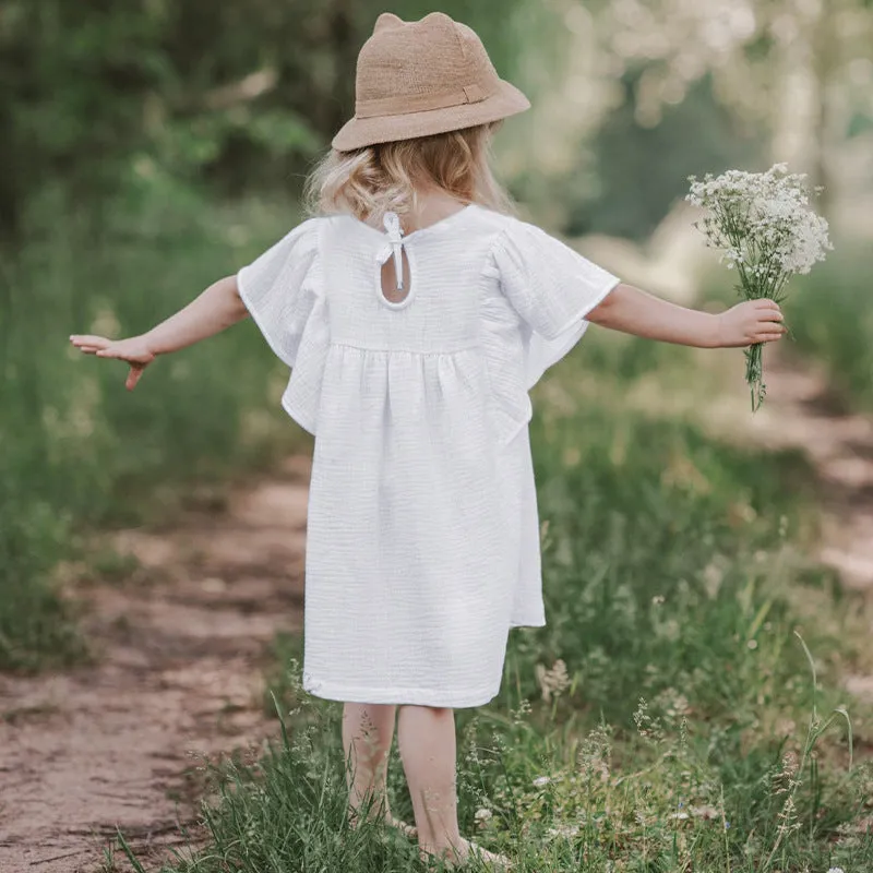Girls Light Cotton Lotus Dress - White