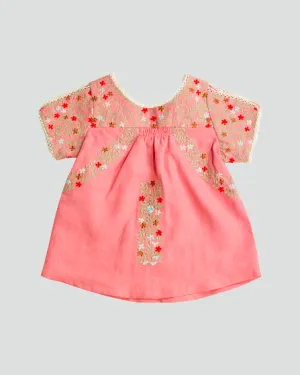 Girls Pink Pretty Organic Linen Folk Fairy Embroidered Blouse