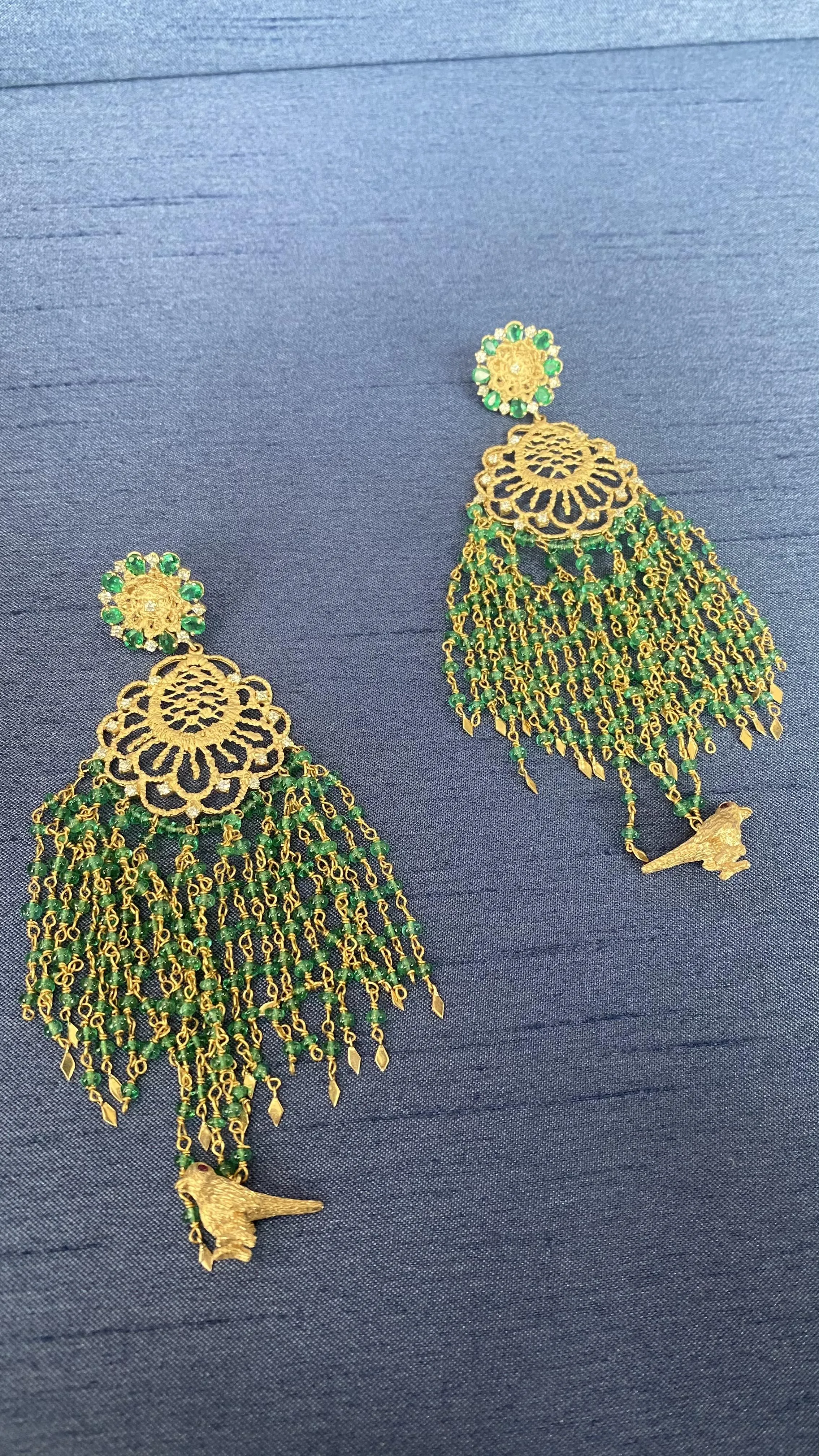 Gold Lace & Emerald Bead Earrings