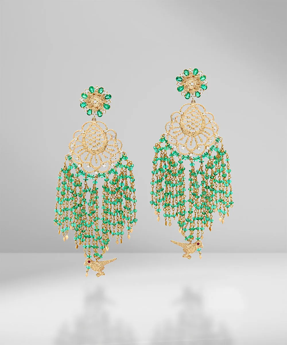 Gold Lace & Emerald Bead Earrings