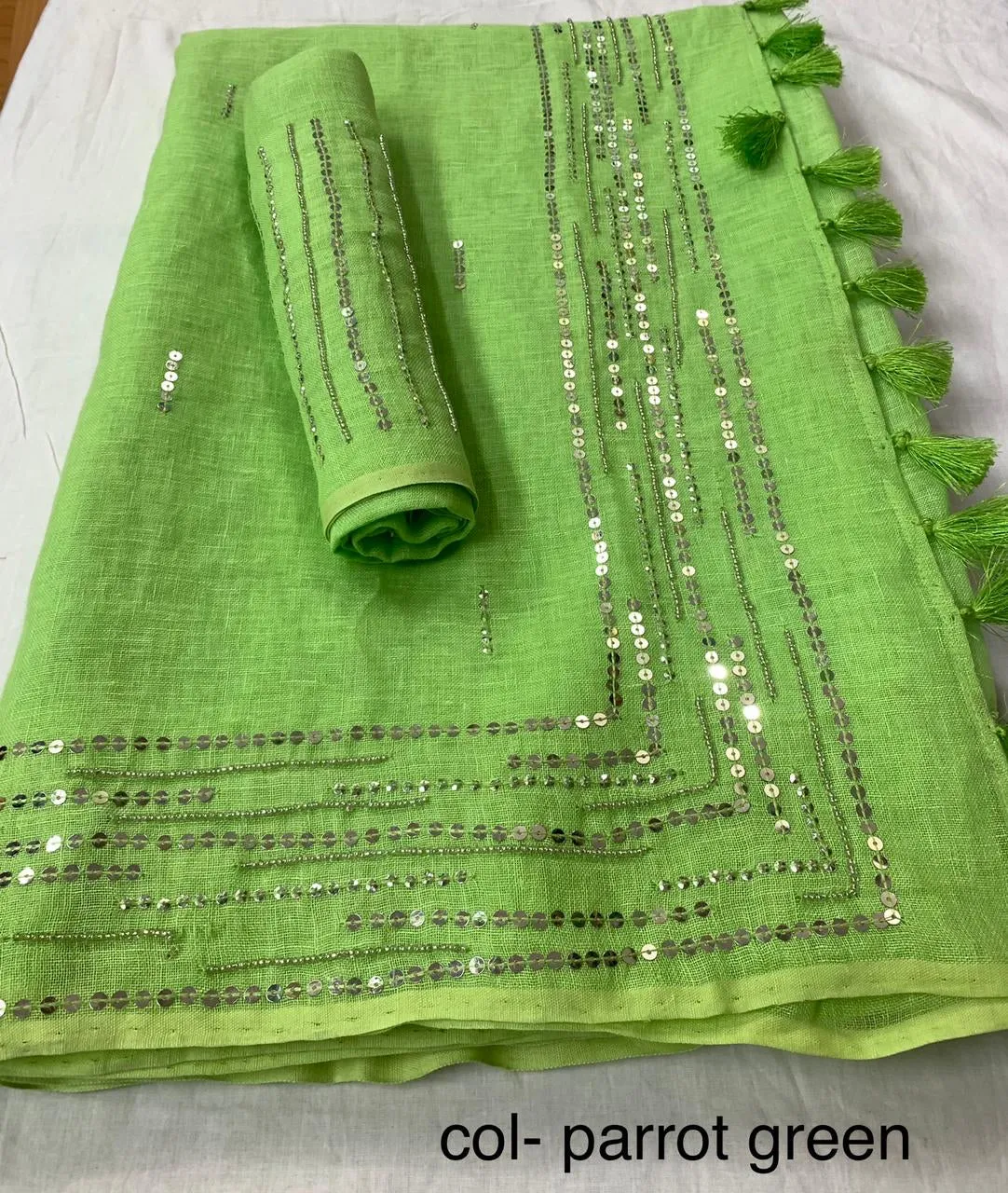 Green Pure Linen Saree With Embroidery