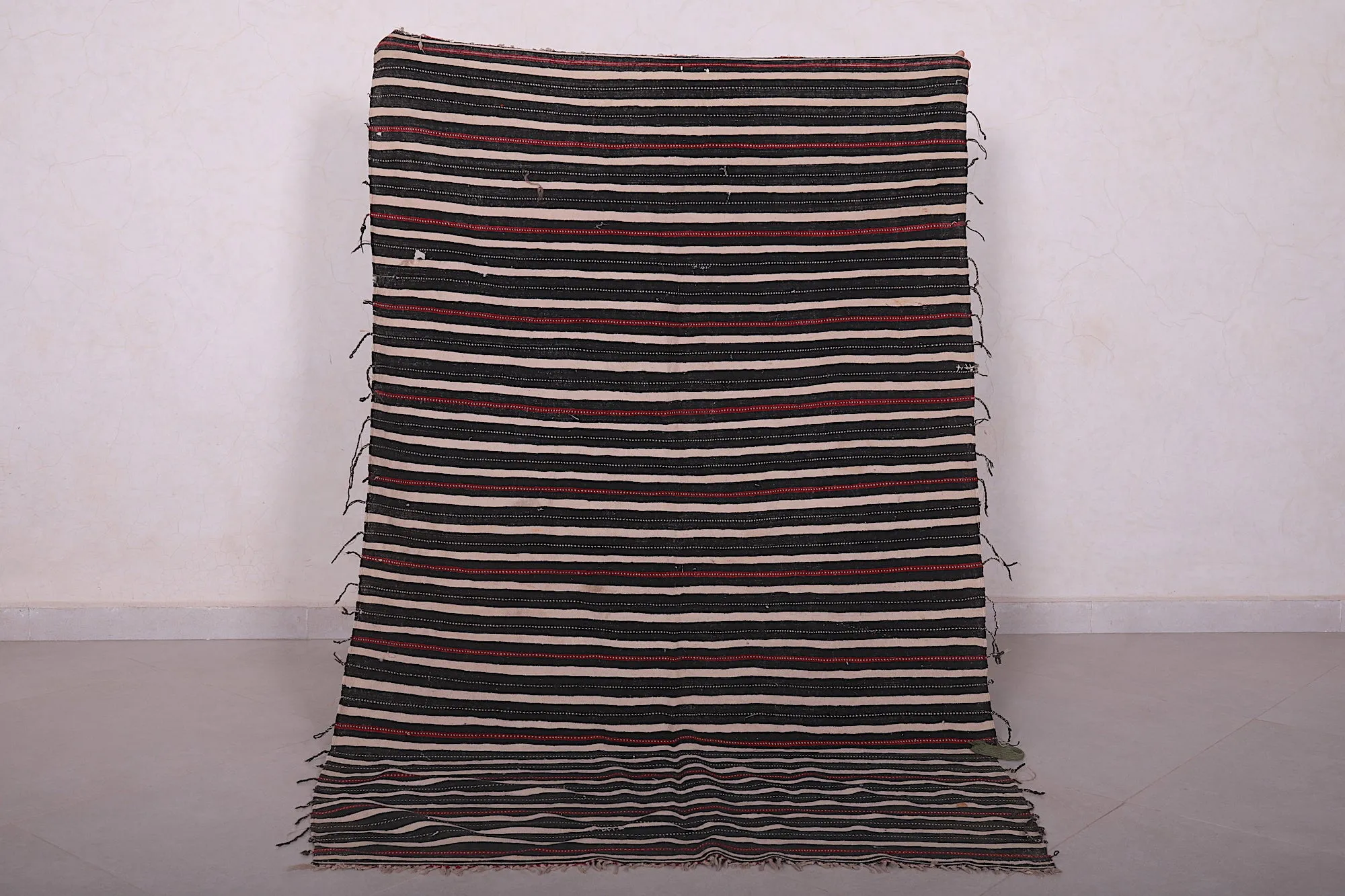Handwoven Kilim 3.6 x 5.8 Feet – Black, Red, and Beige Striped Rug
