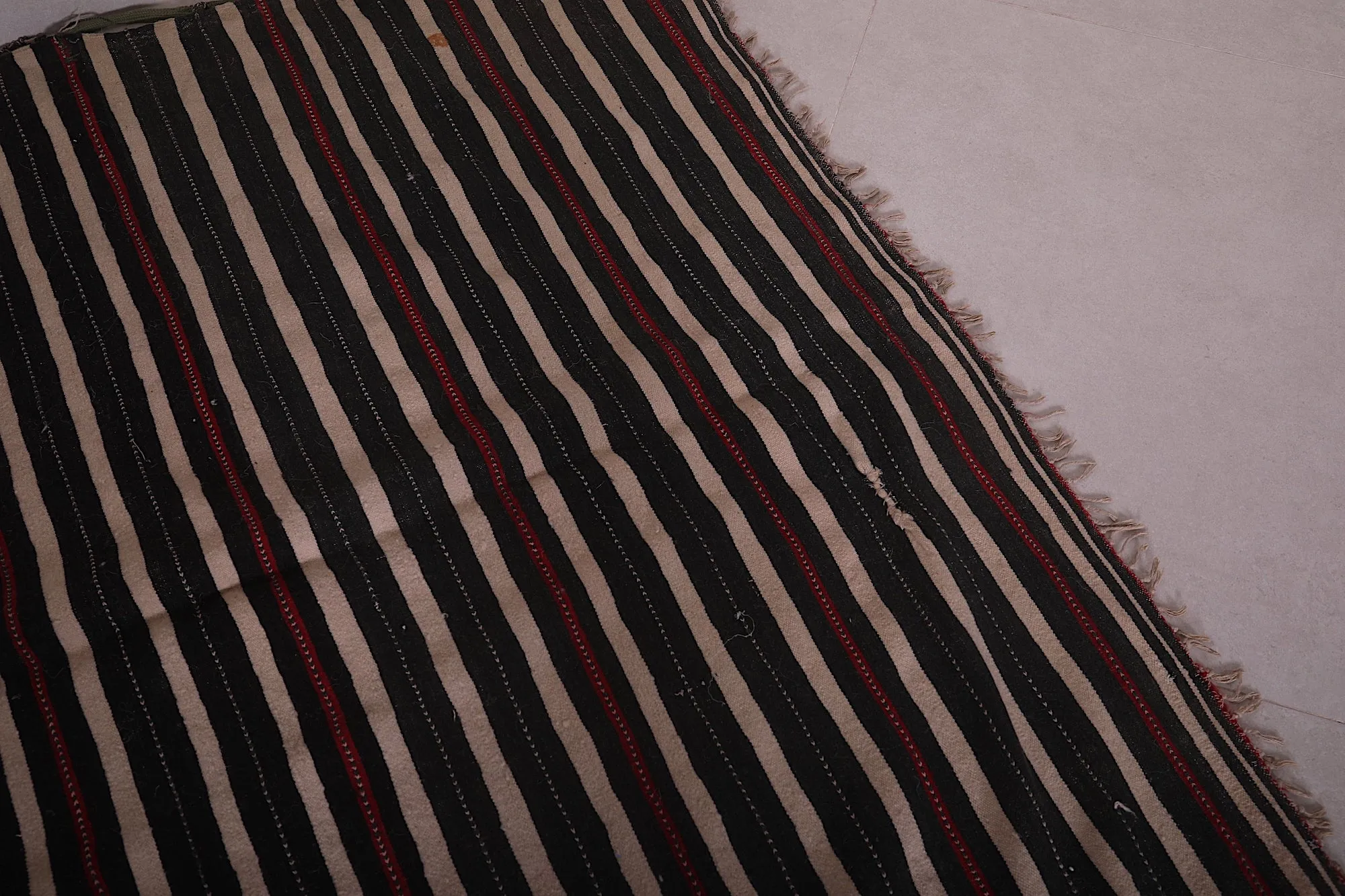 Handwoven Kilim 3.6 x 5.8 Feet – Black, Red, and Beige Striped Rug