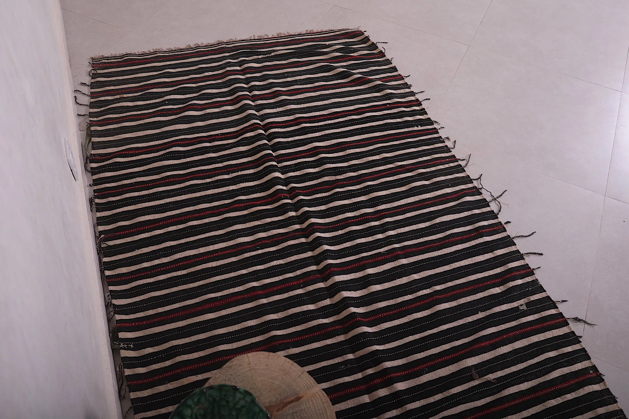 Handwoven Kilim 3.6 x 5.8 Feet – Black, Red, and Beige Striped Rug