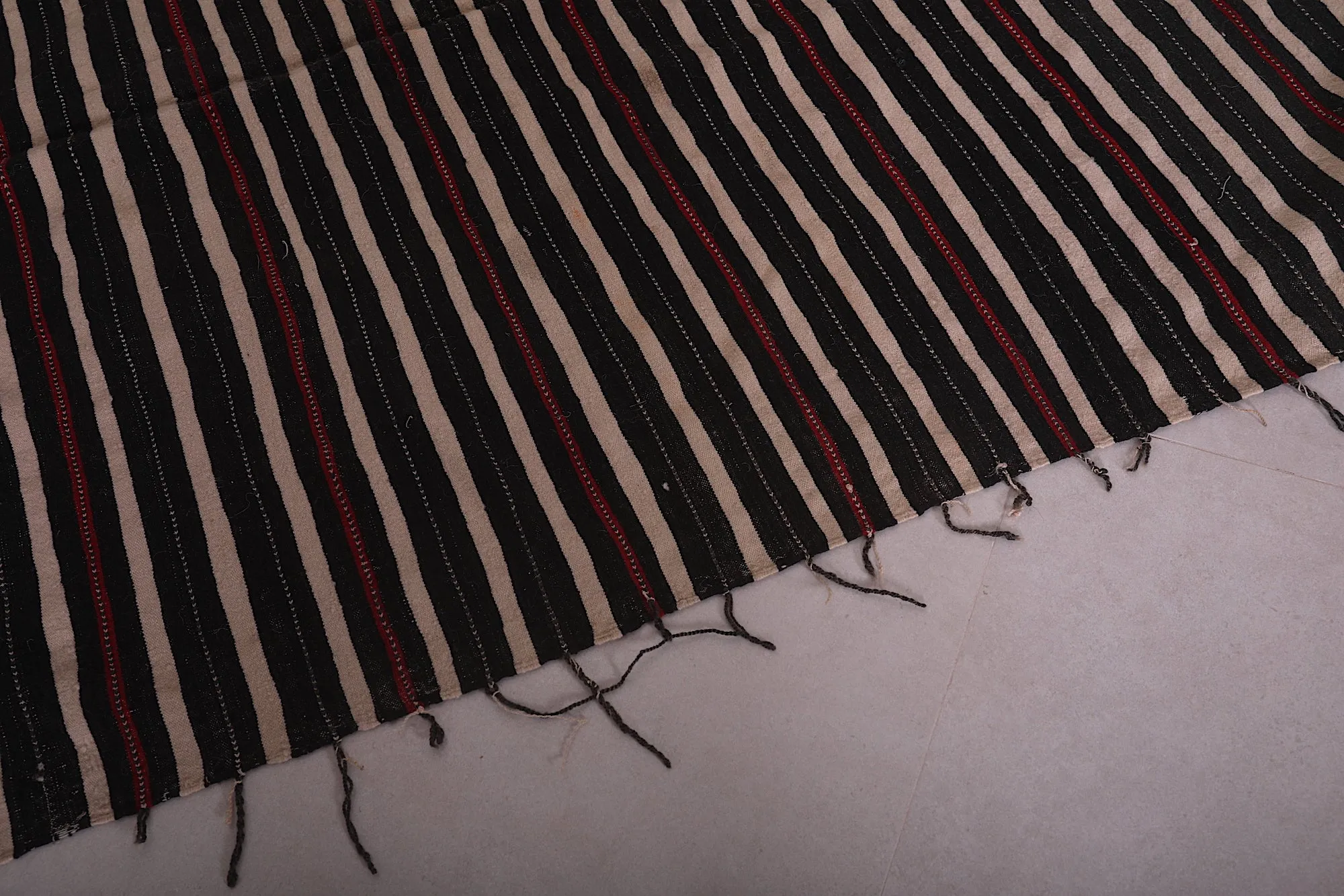 Handwoven Kilim 3.6 x 5.8 Feet – Black, Red, and Beige Striped Rug