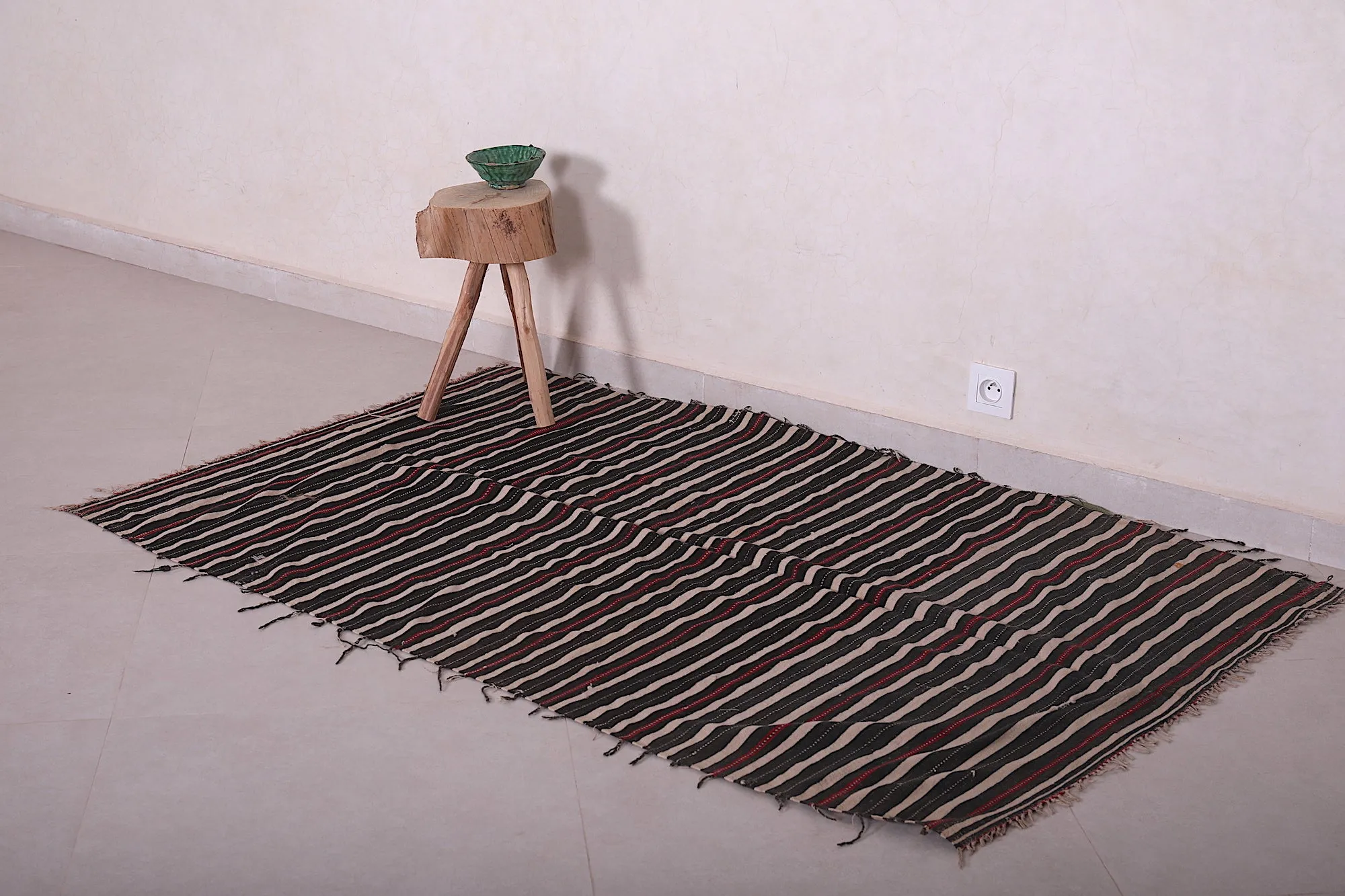 Handwoven Kilim 3.6 x 5.8 Feet – Black, Red, and Beige Striped Rug