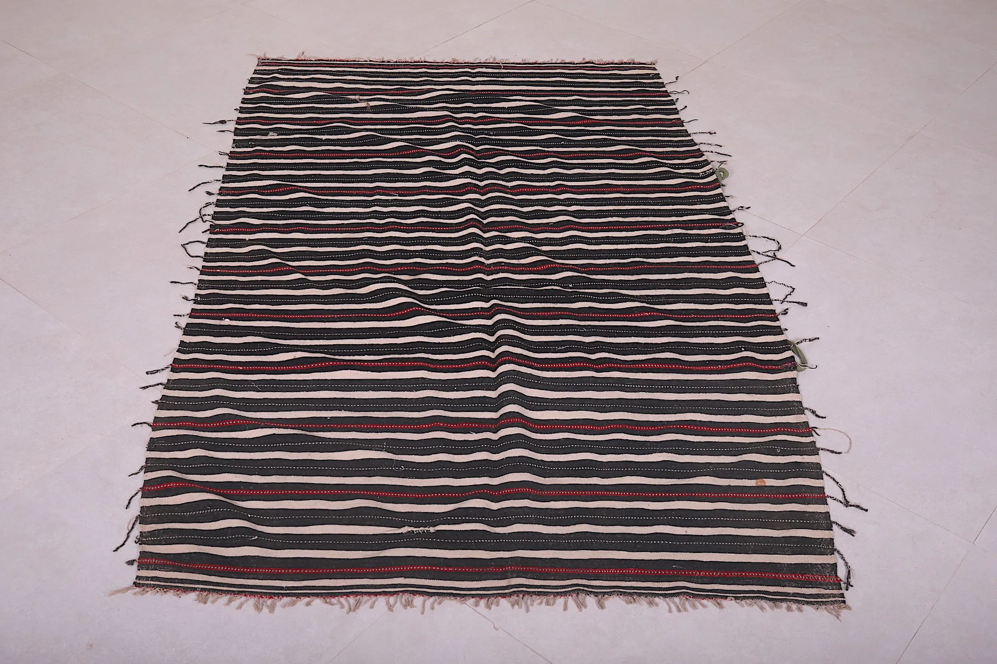 Handwoven Kilim 3.6 x 5.8 Feet – Black, Red, and Beige Striped Rug
