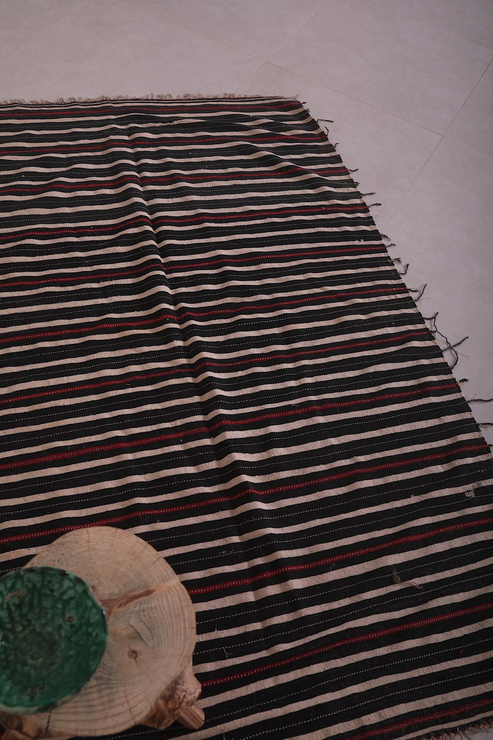 Handwoven Kilim 3.6 x 5.8 Feet – Black, Red, and Beige Striped Rug
