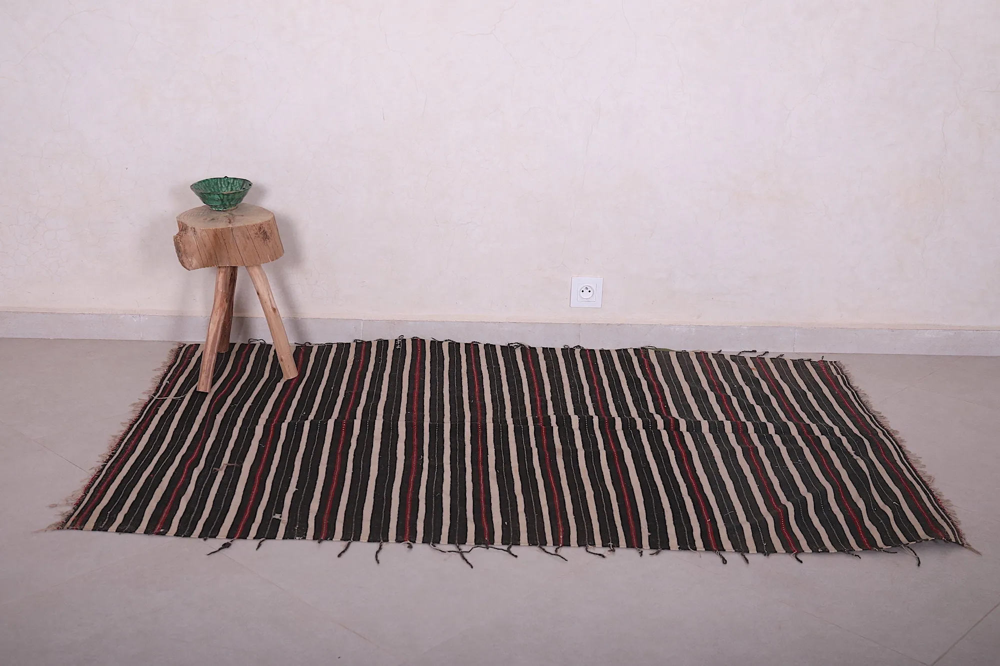 Handwoven Kilim 3.6 x 5.8 Feet – Black, Red, and Beige Striped Rug