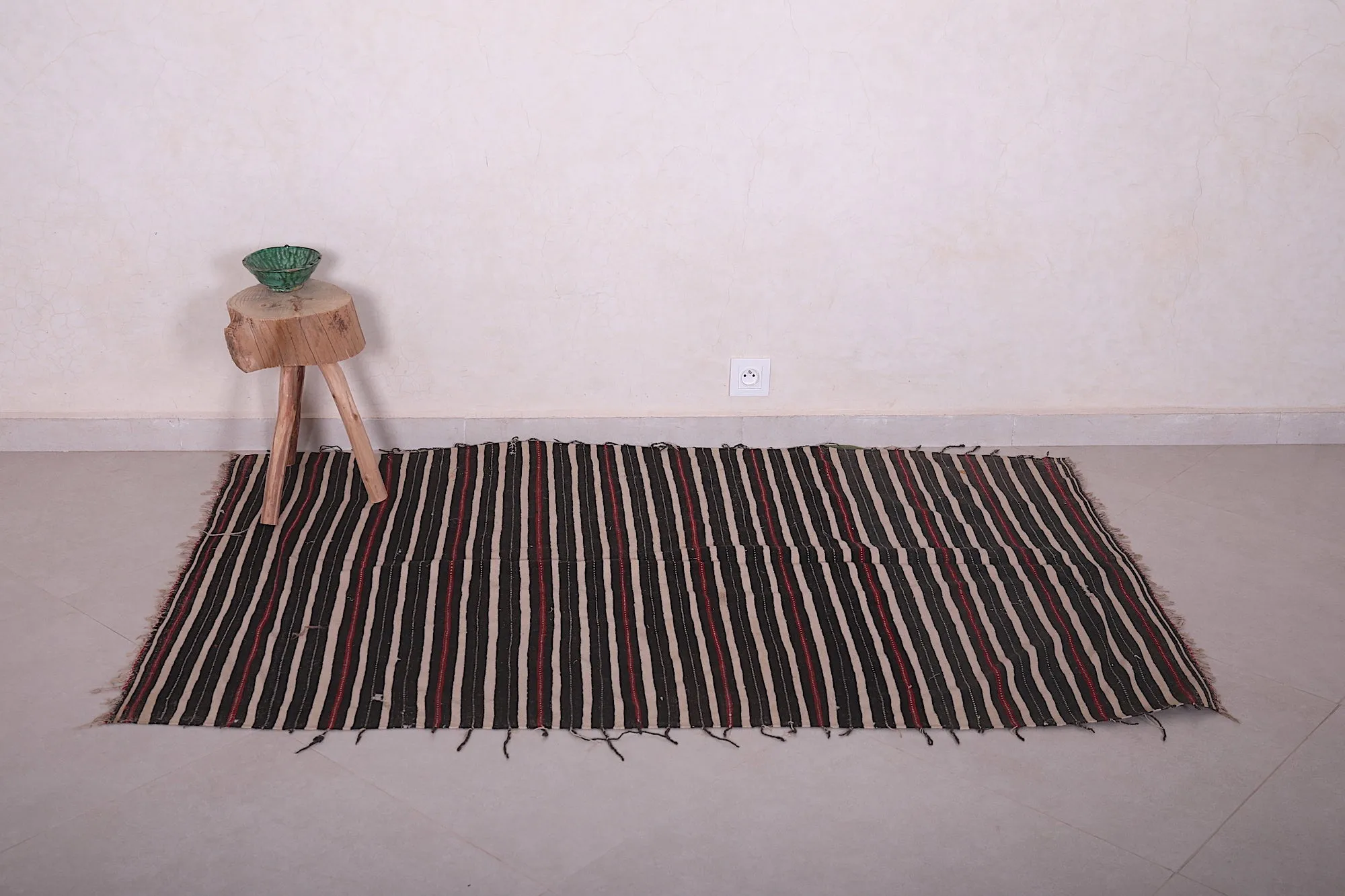 Handwoven Kilim 3.6 x 5.8 Feet – Black, Red, and Beige Striped Rug